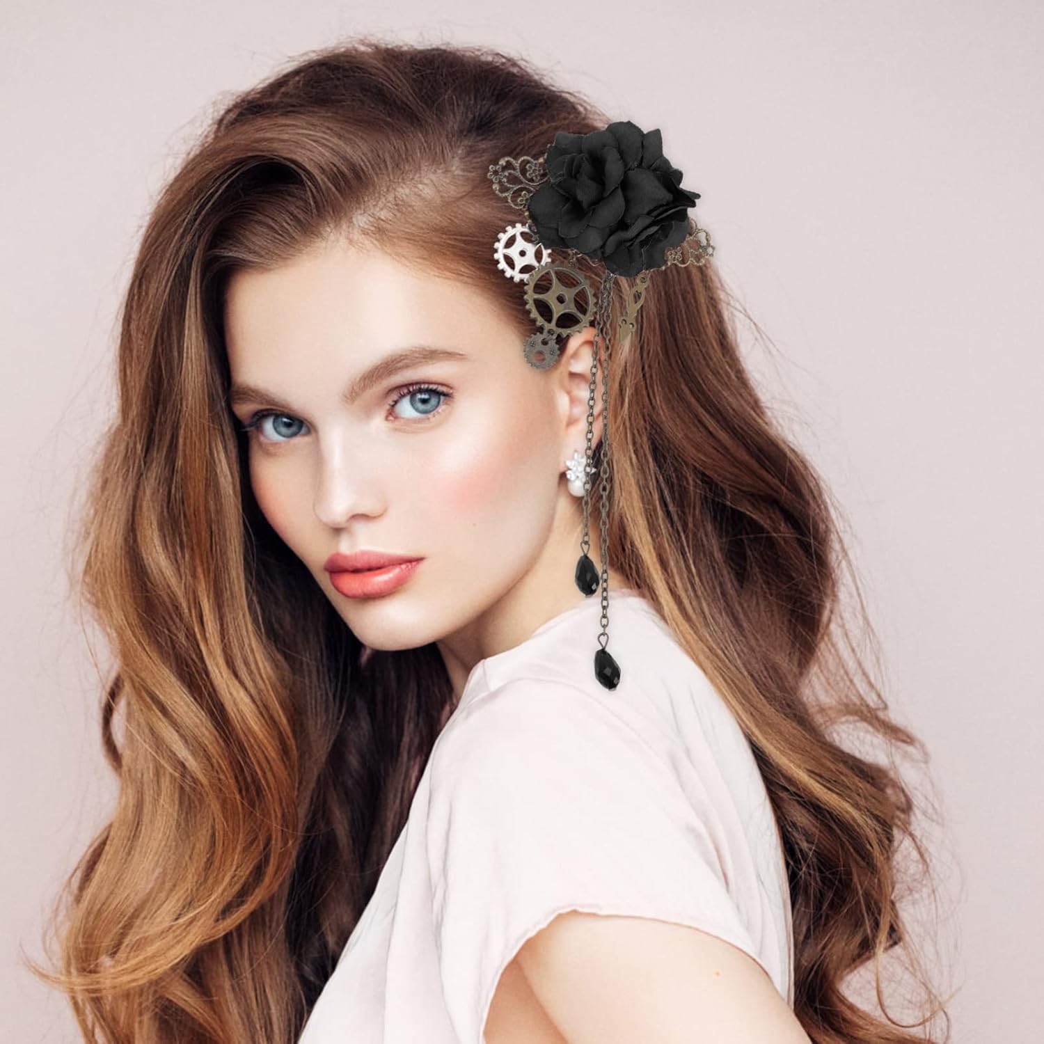Beaupretty Steampunk Tassel Hair Clips with Rose and Chain Design