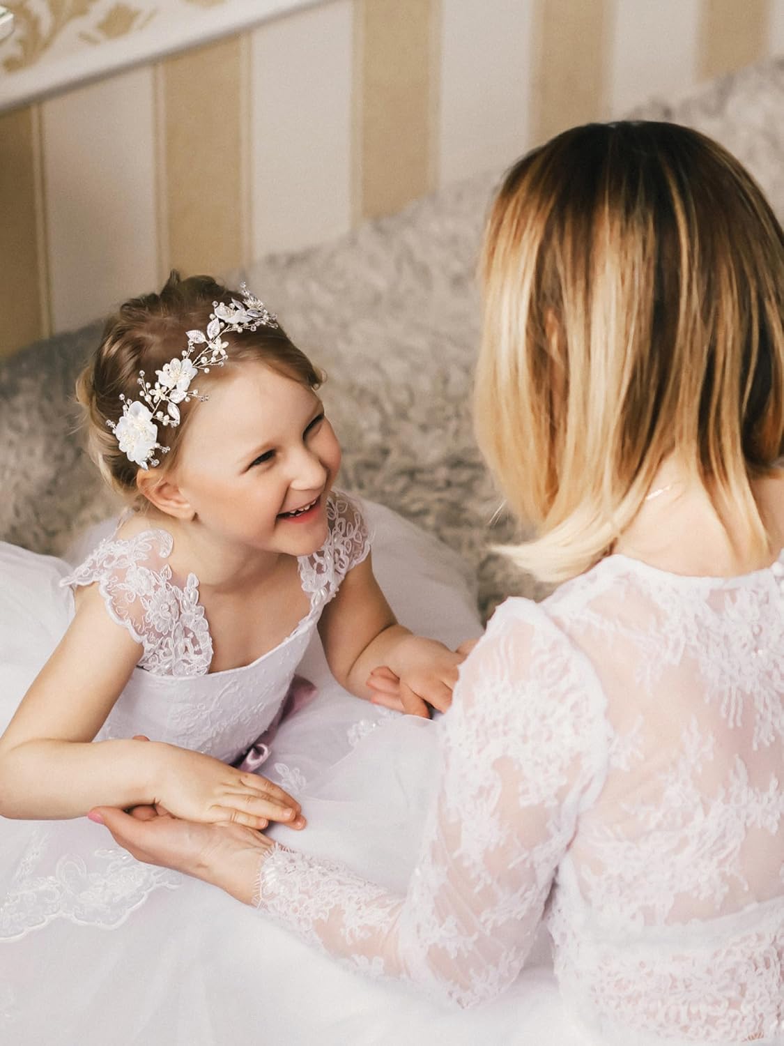 SWEETV Silver Flower Girl Headpiece with Pearls and Crystals