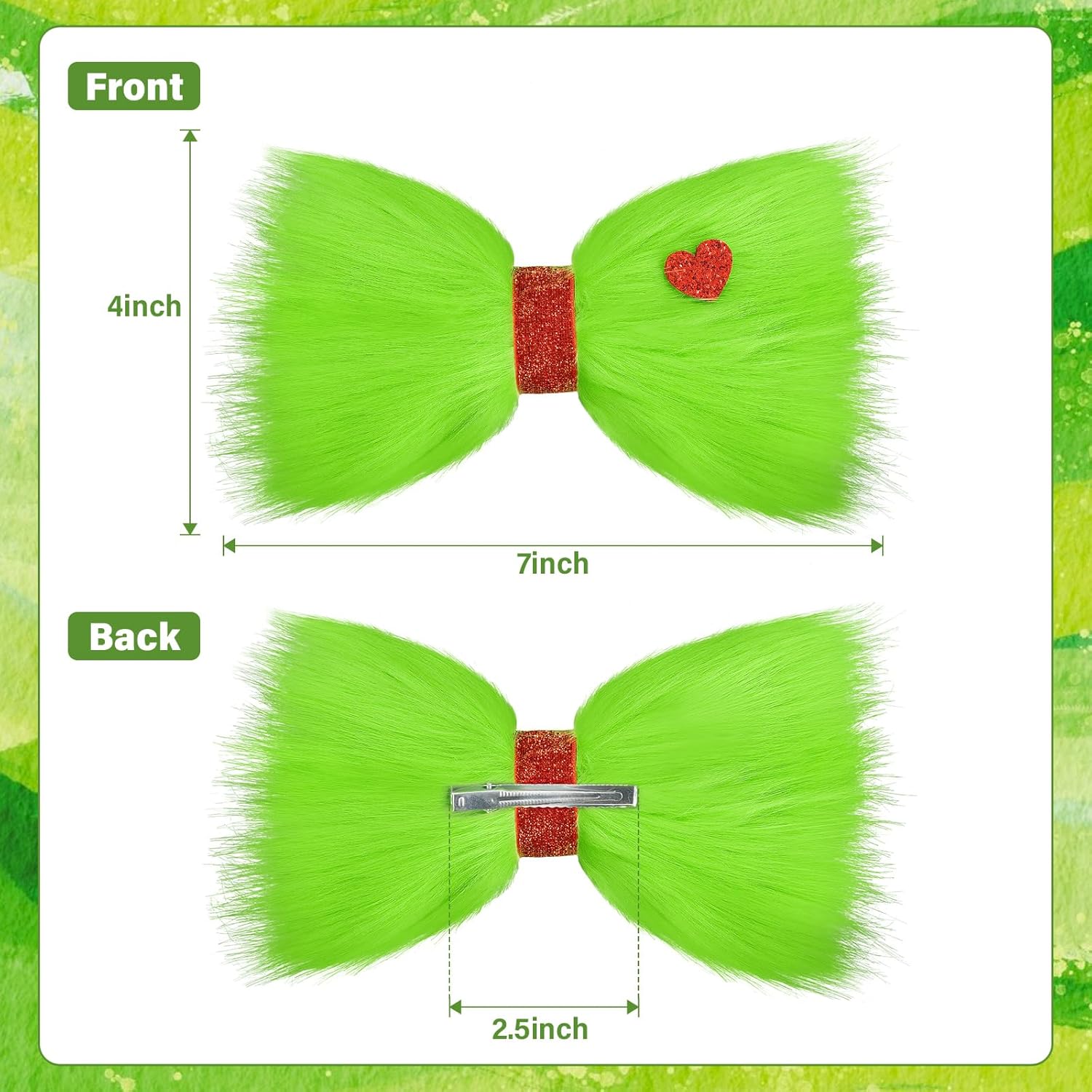 7 Green Furry Christmas Hair Bow Clip with Red Heart