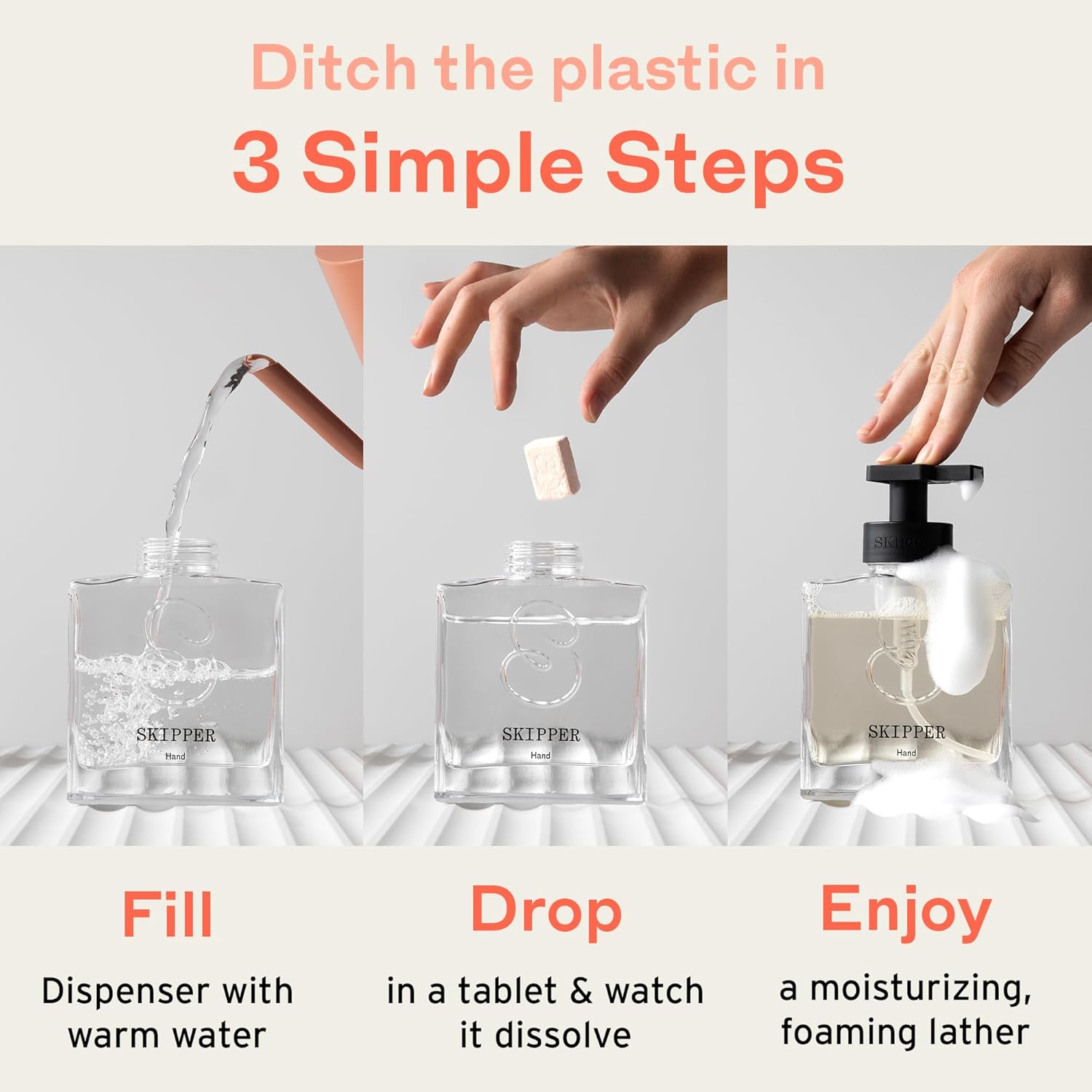 Skipper Hand Wash Single Kit - 1 Glass Dispenser 3 Tablet Refills