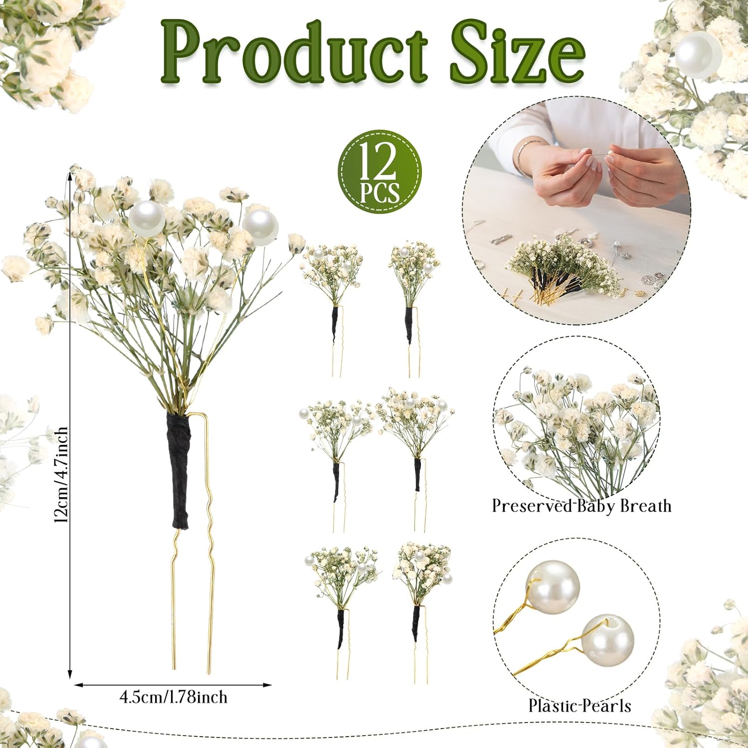 12 Pcs Babys Breath Hair Pins with Pearl Wedding Accessories