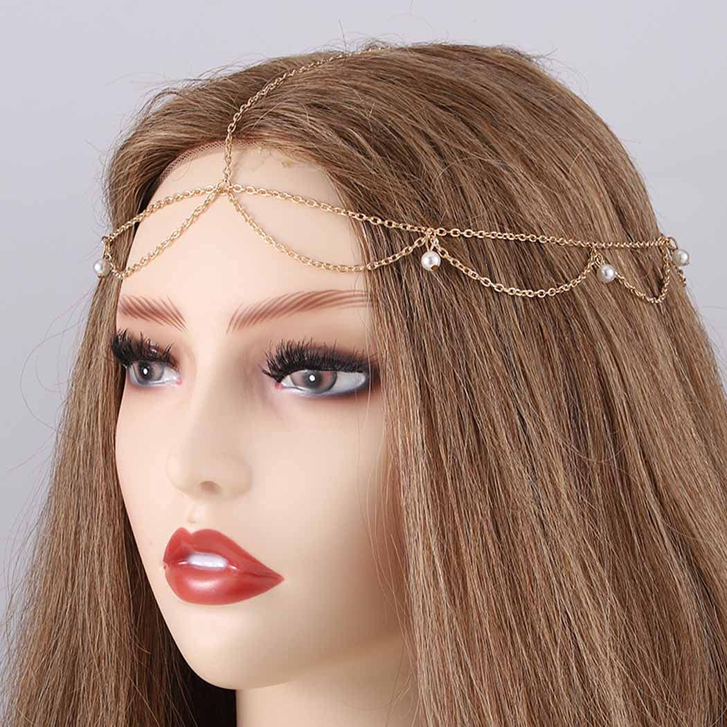 Blindery Gold Pearl Boho Headband Hair Chain