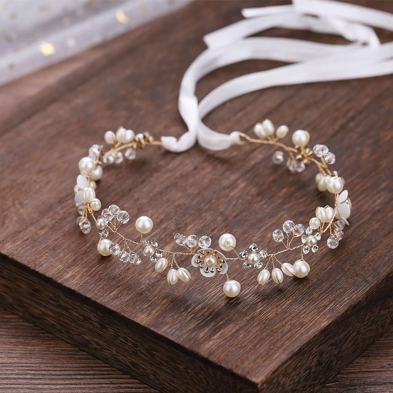 KAYZON Bridal Pearl Flower Headband Gold