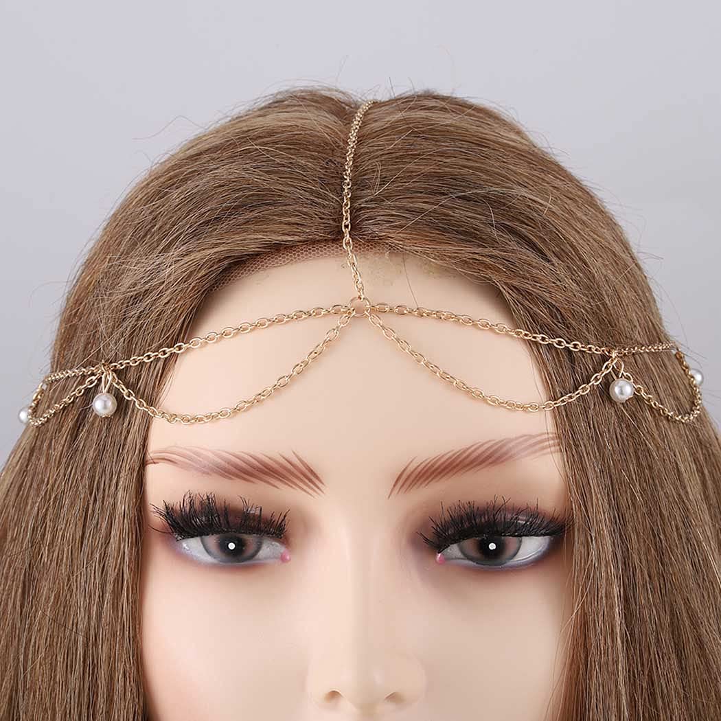 Blindery Gold Pearl Boho Headband Hair Chain