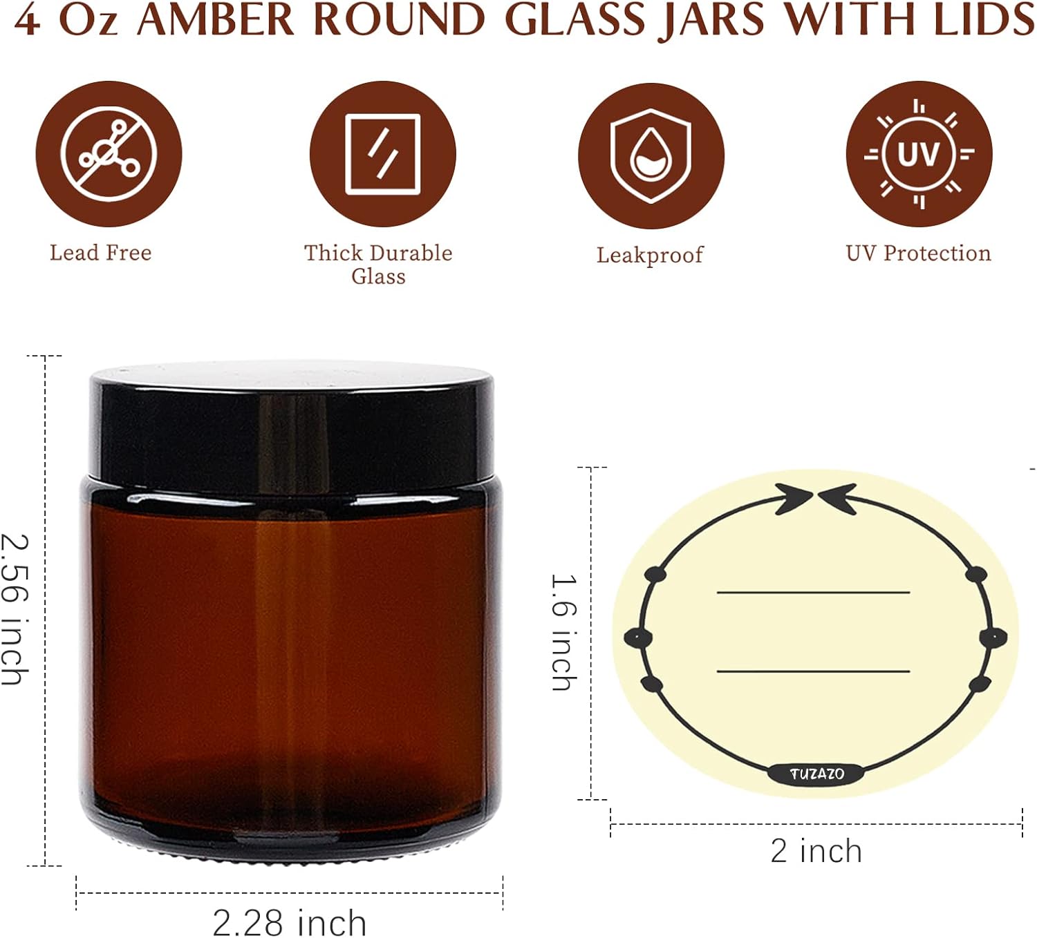 TUZAZO 12 Pack 4 Oz Amber Glass Jars with Leakproof Lids
