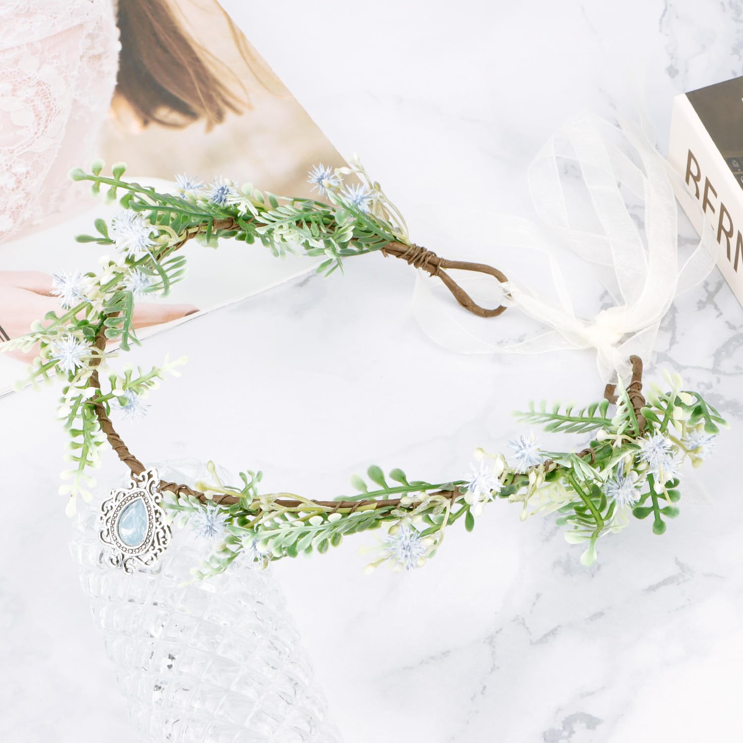 SuPoo Elf Crown with Rhinestones and Flowers for Women
