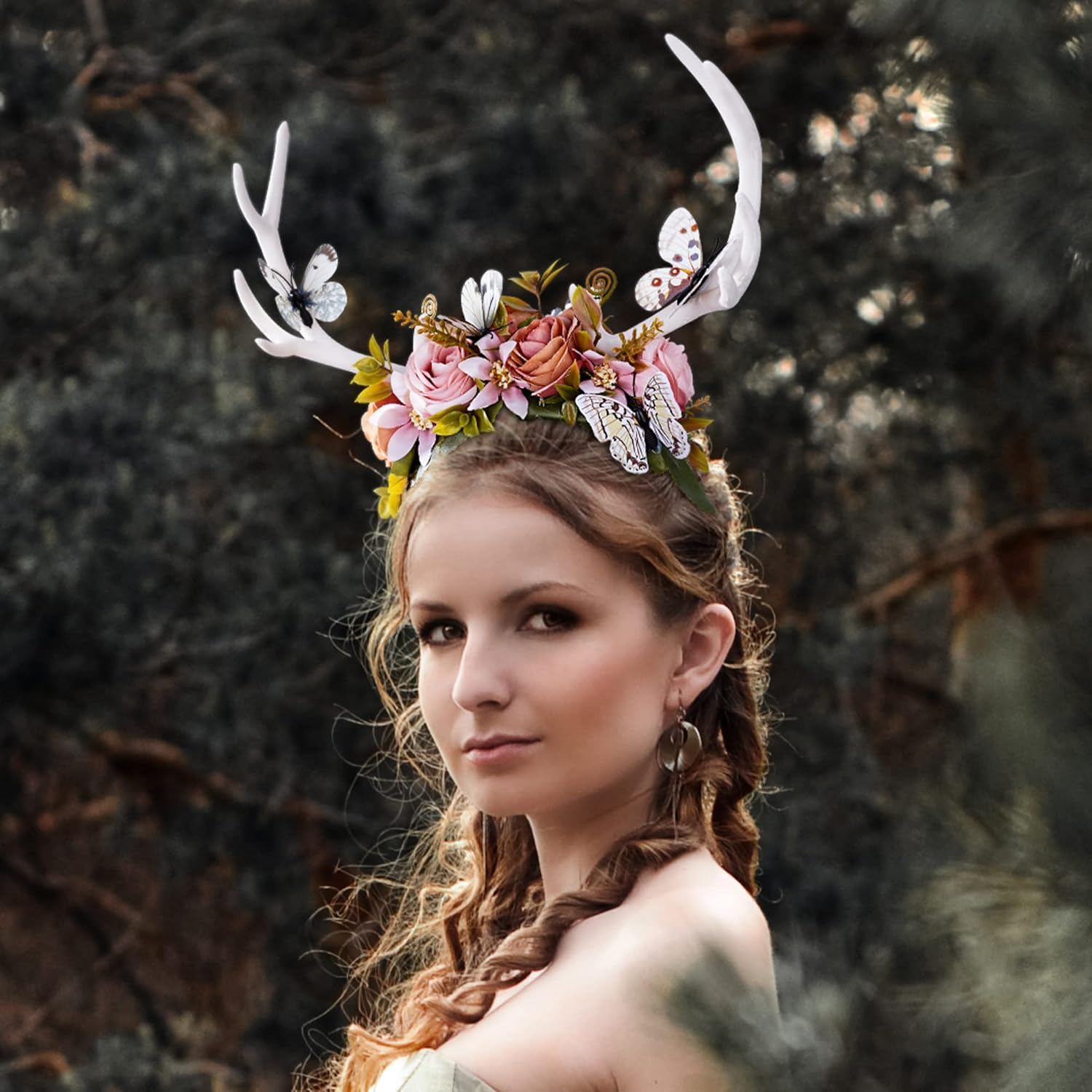 MOSTORY White Antler Headband with Flower Crown for Women Girls