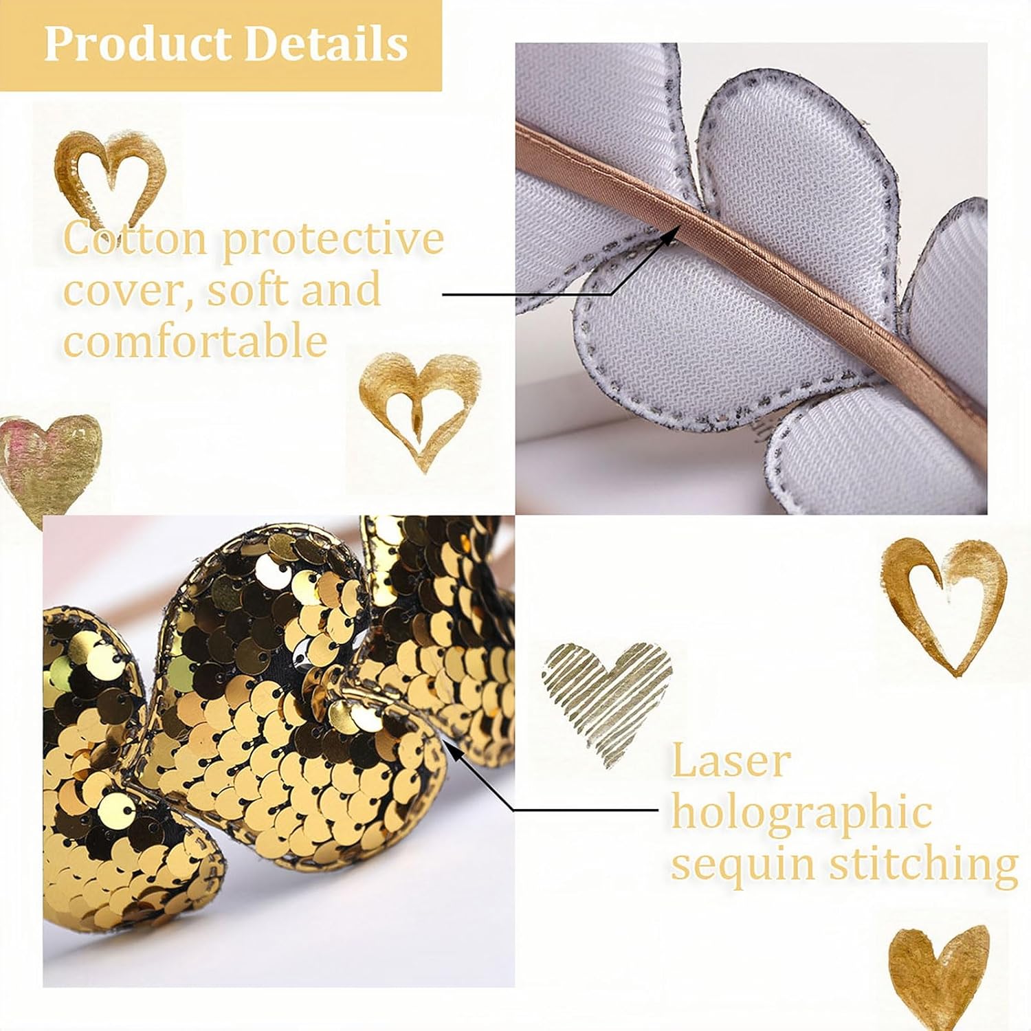 Gold Sequins Heart Headband for Women Girls Kids