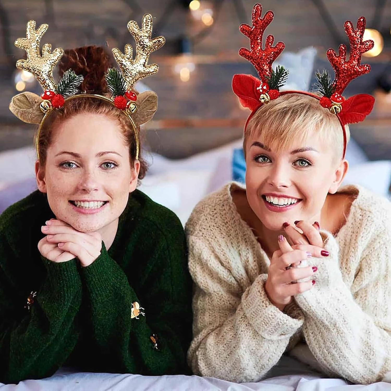 Christmas Red Headband with Elk Antlers and Bells