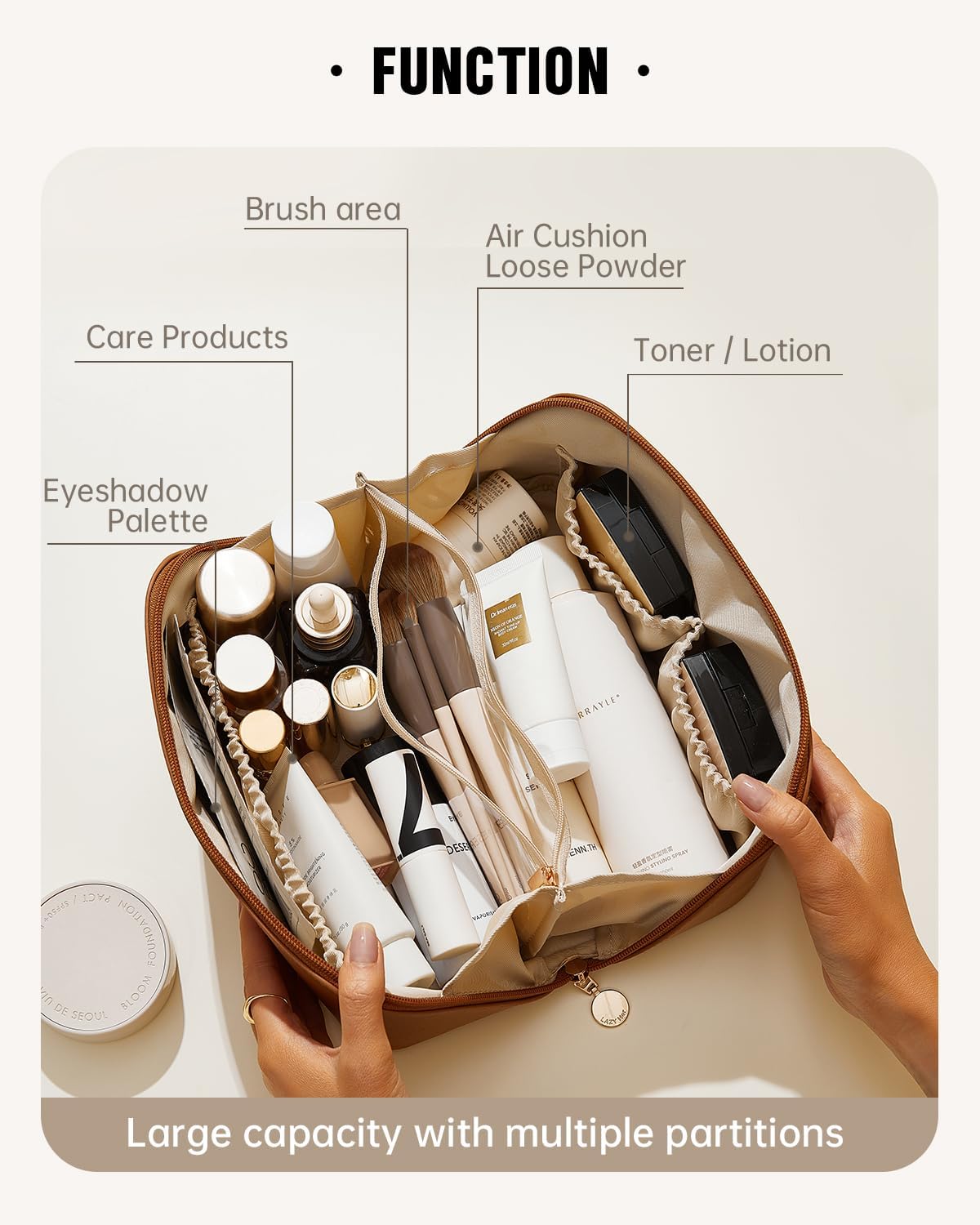 EACHY Large Capacity Waterproof Makeup Bag with Divider and Handle