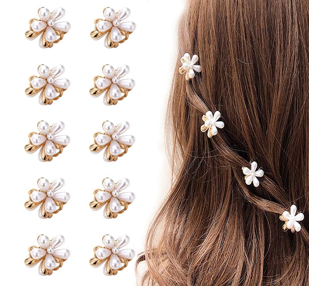 10 Pcs Mini Pearl Claw Clips with Flower Design