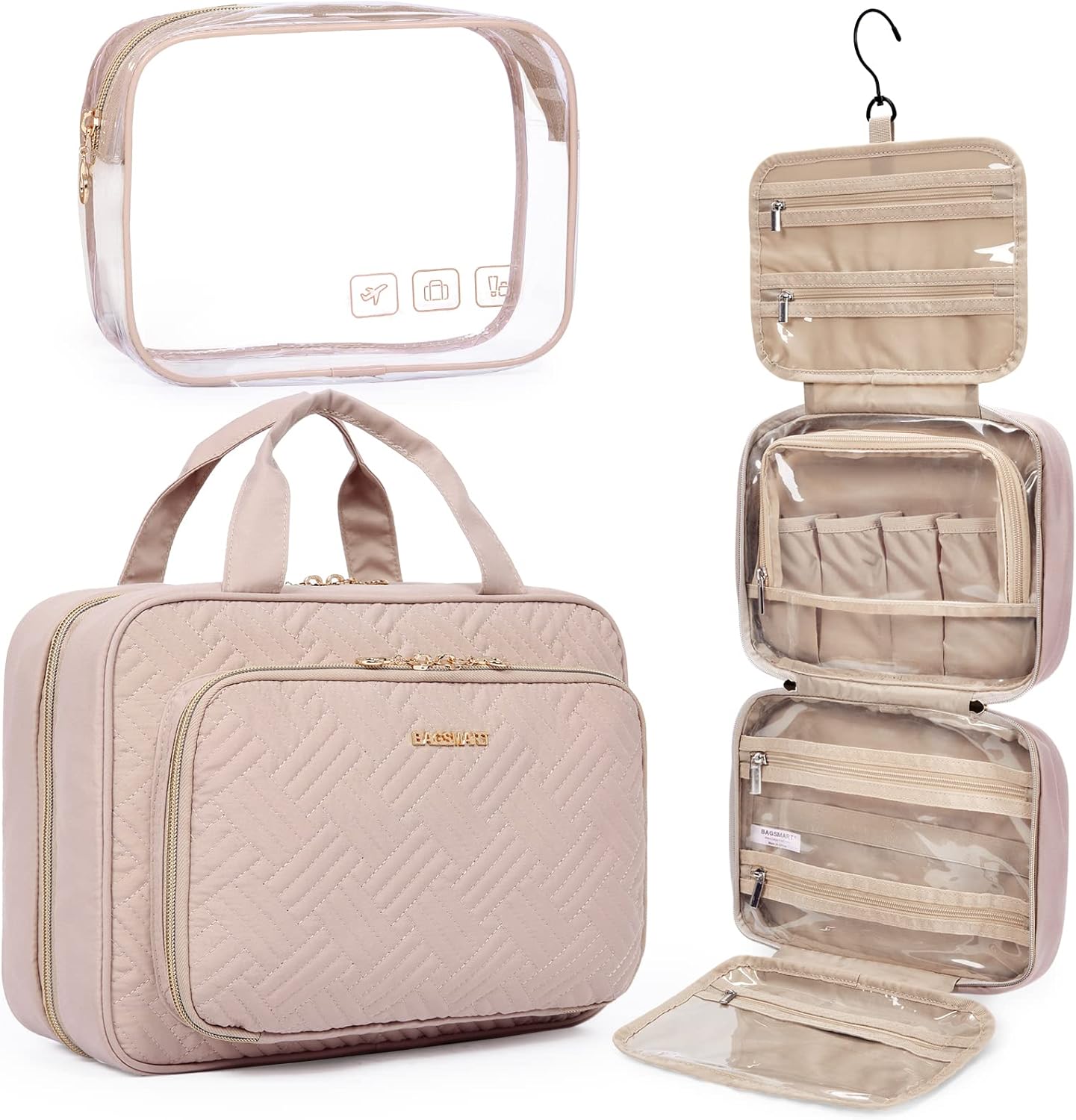 BAGSMART Toiletry Bag Organizer with TSA Approved Transparent Cosmetic Bag - Medium Pink
