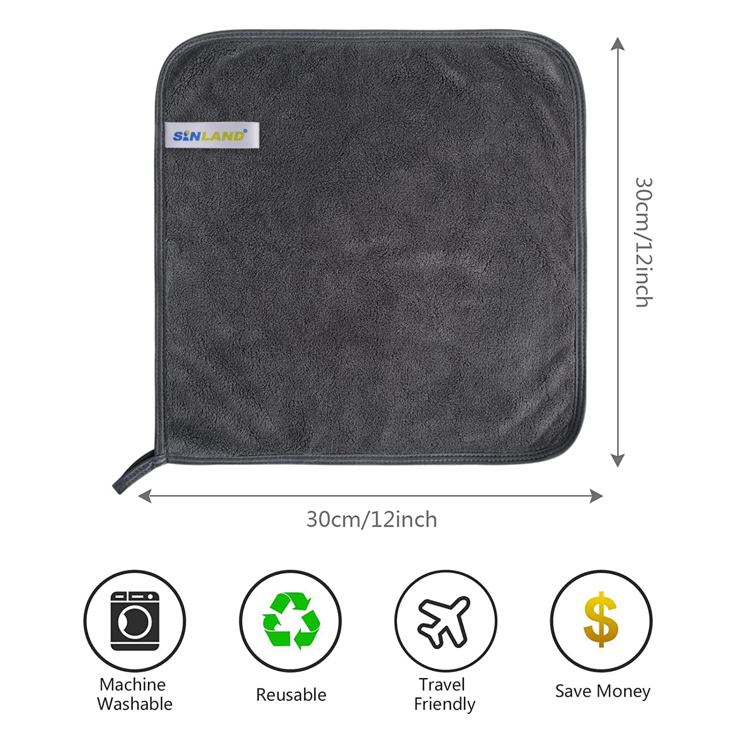 SINLAND Microfiber Face Cloths 3 Pack Grey 12x12 Inch 1