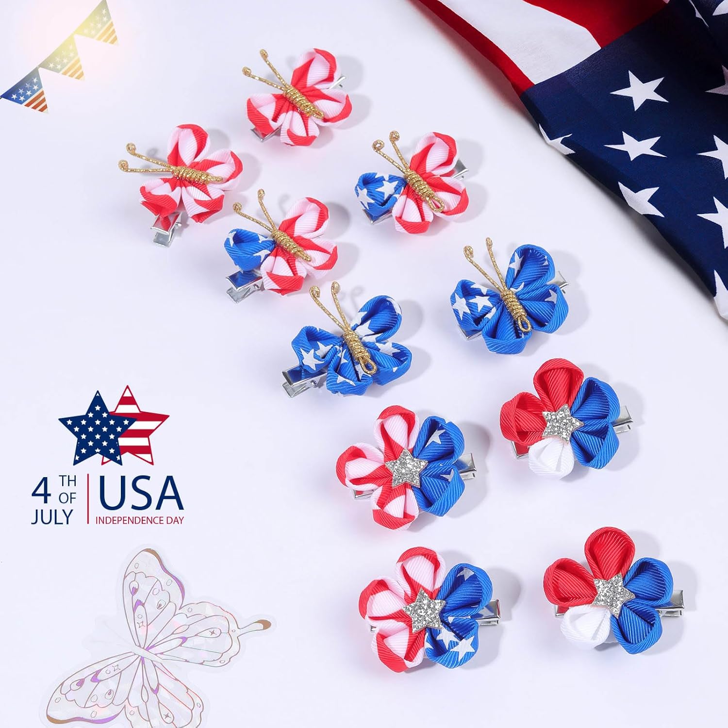 10PCS 4th of July Butterfly Hair Clips with Alligator Clips