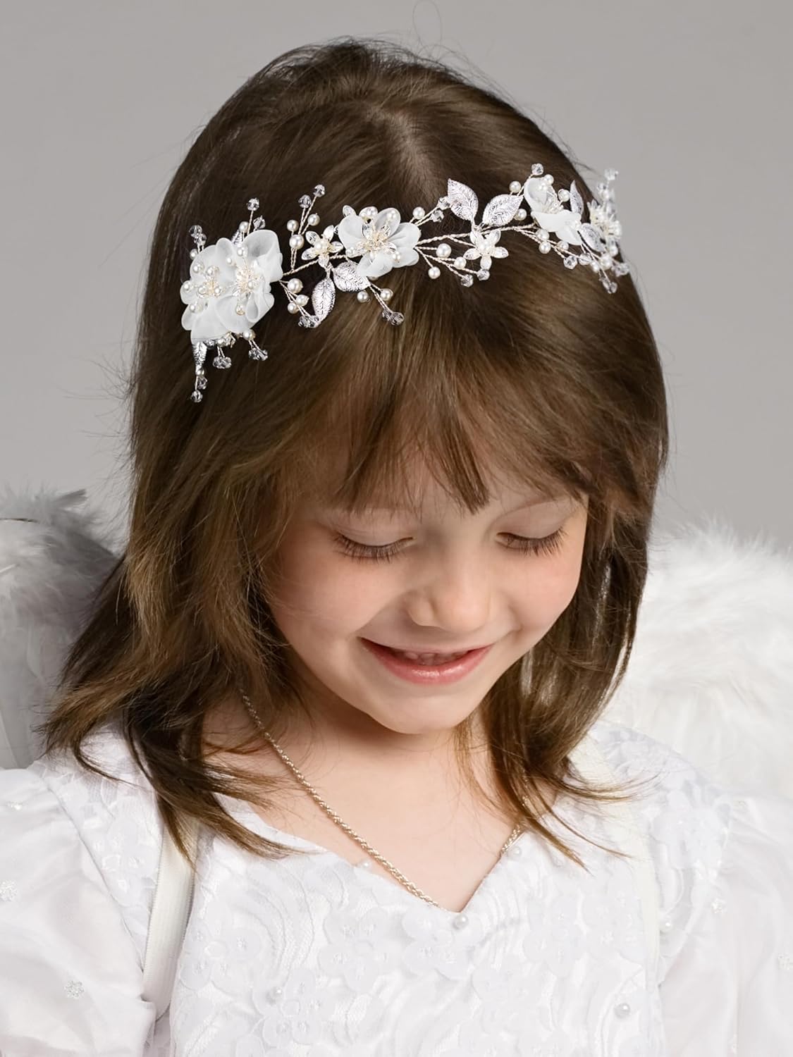 SWEETV Silver Flower Girl Headpiece with Pearls and Crystals