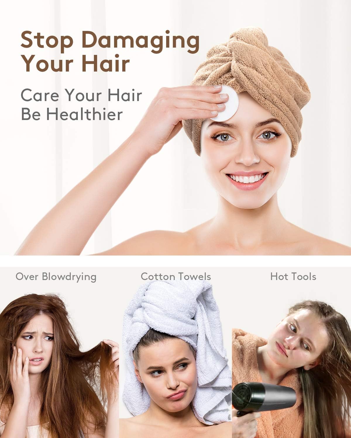 YFONG 3 Pack Microfiber Hair Drying Towels with Button