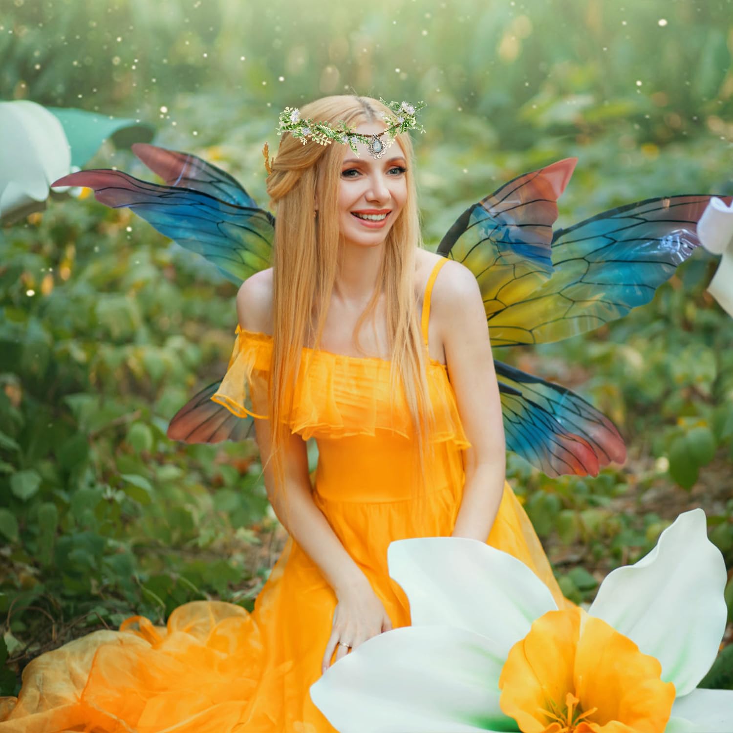SuPoo Elf Crown with Rhinestones and Flowers for Women