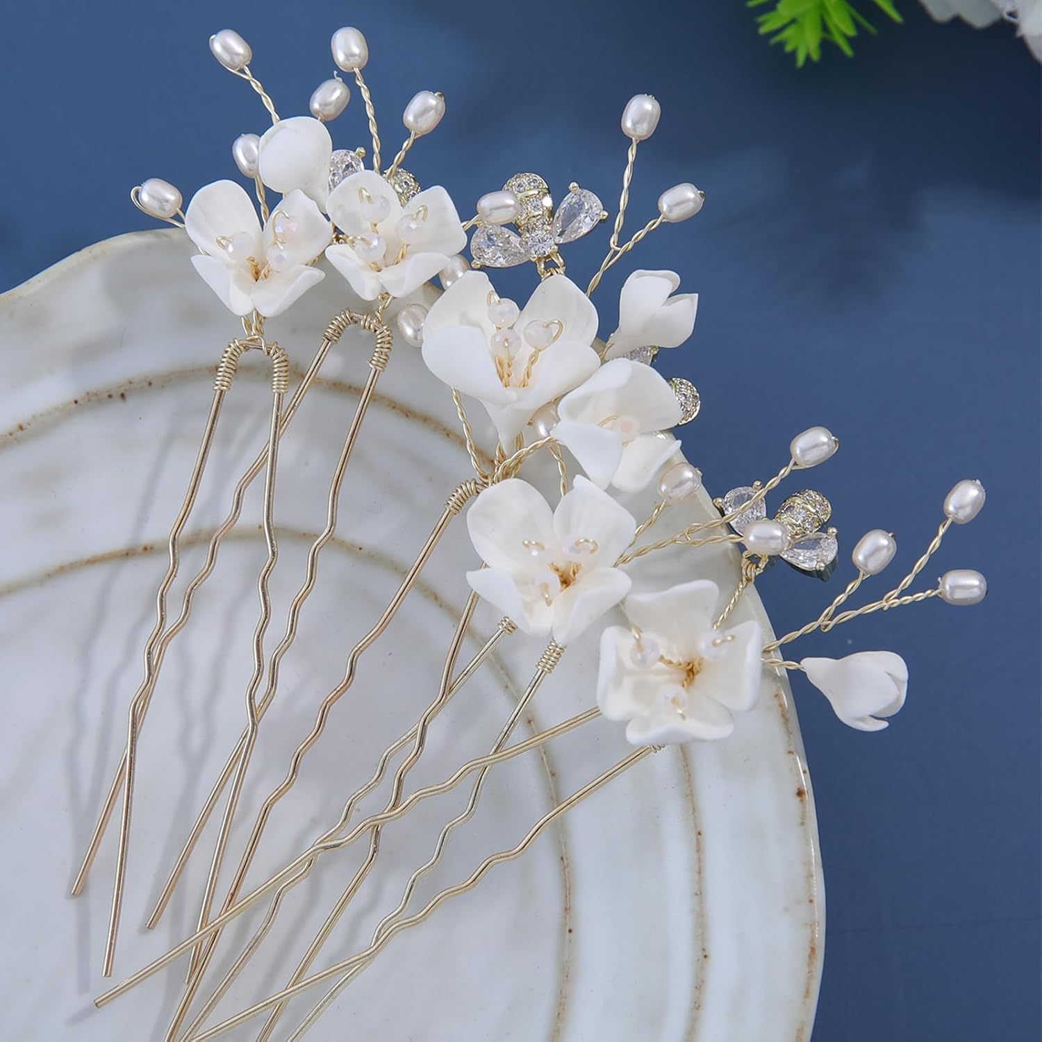 Handmade Wedding Hair Pins 5Pcs White Flower Zircon Pearl Clips