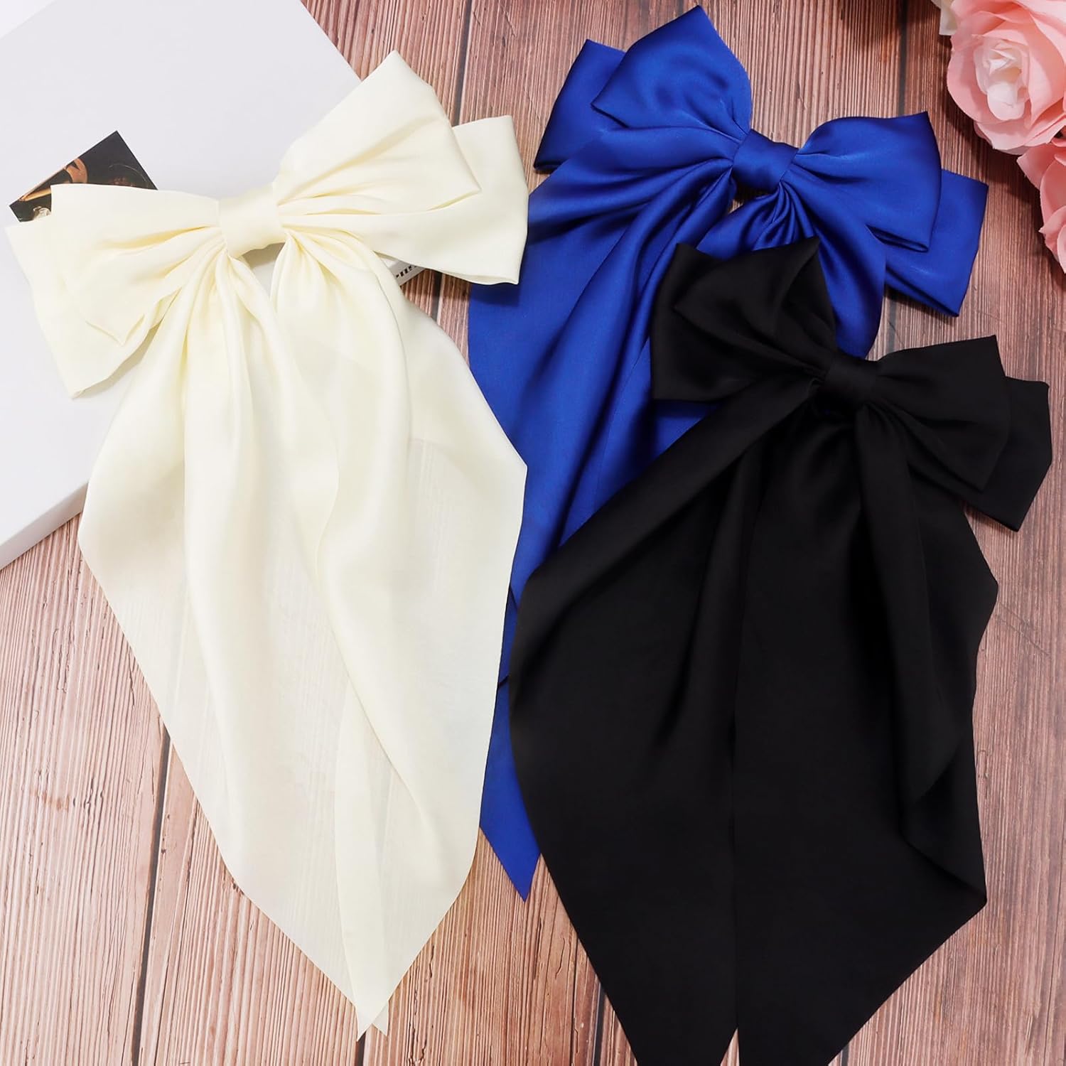 VELSCRUN 3Pcs Silky Satin Hair Bows and Barrettes in White Black Dark Blue