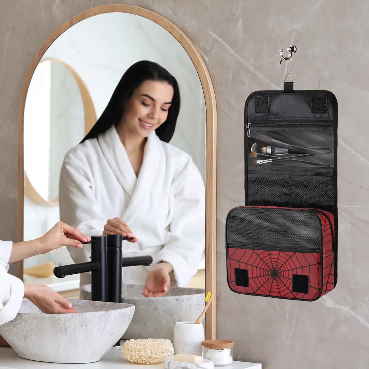 Red Web Hanging Travel Toiletry Bag with Sturdy Hook