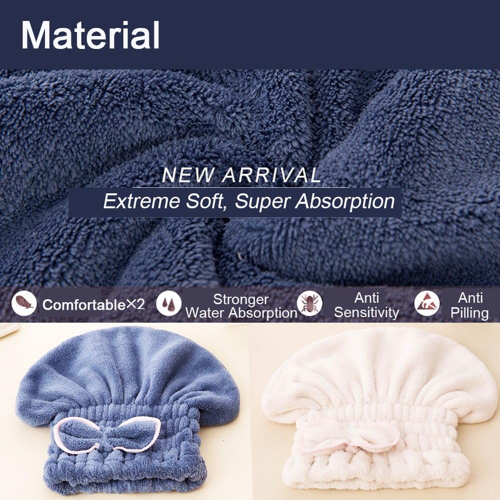 Jseng 2PC Microfiber Hair Drying Caps Extra Soft Ultra Absorbent