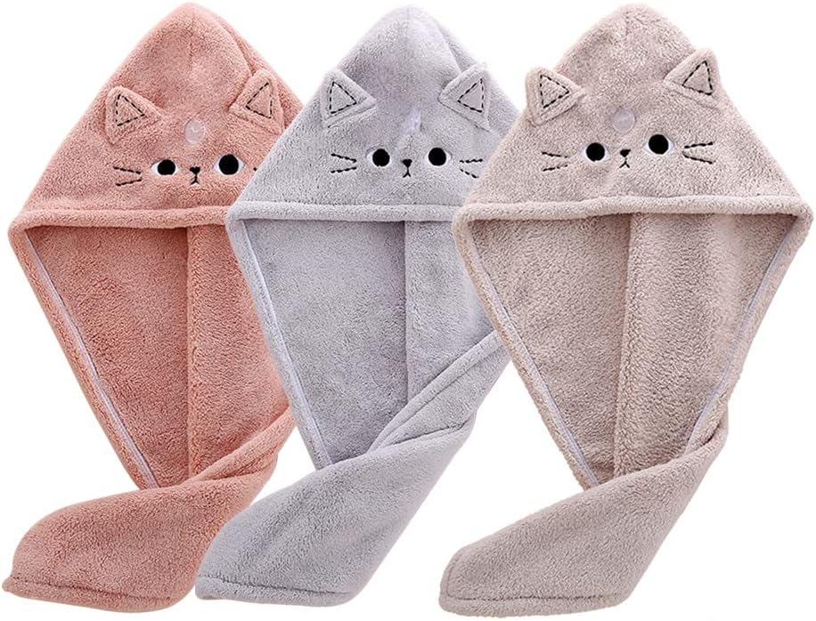 Cute Cat Hair Drying Towel Wrap for Kids and Women