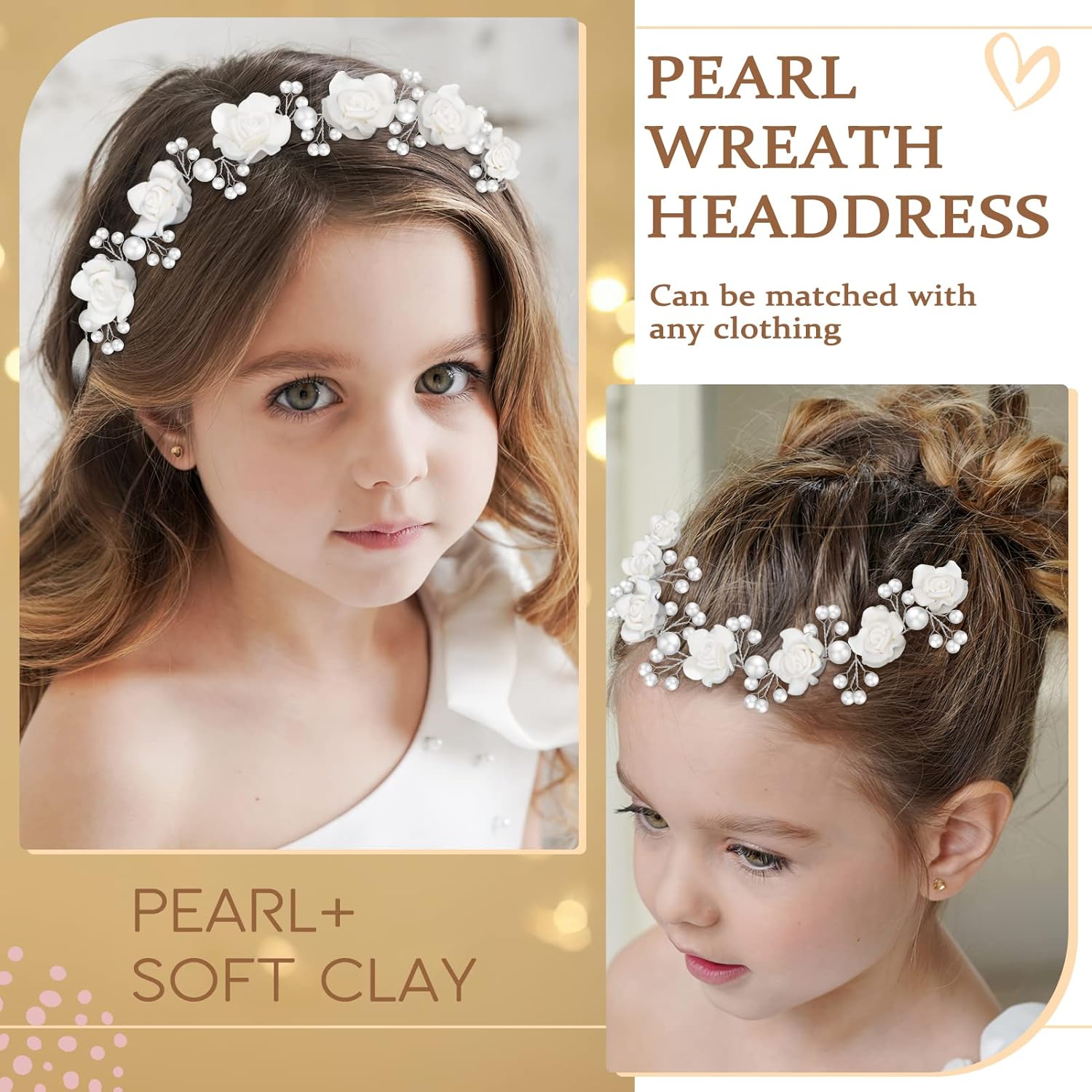 Tanfeine Princess Headband with Pearls and White Flowers for Girls First Communion