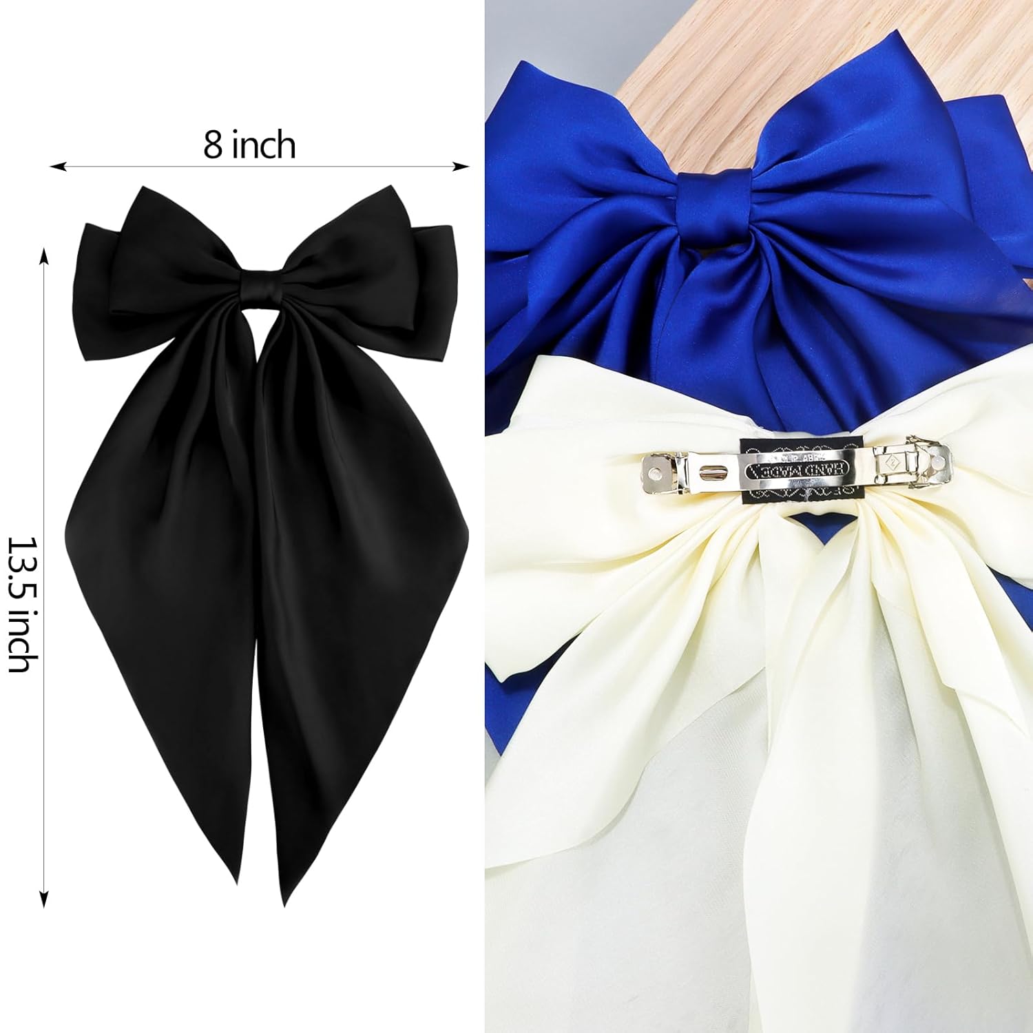 VELSCRUN 3Pcs Silky Satin Hair Bows and Barrettes in White Black Dark Blue