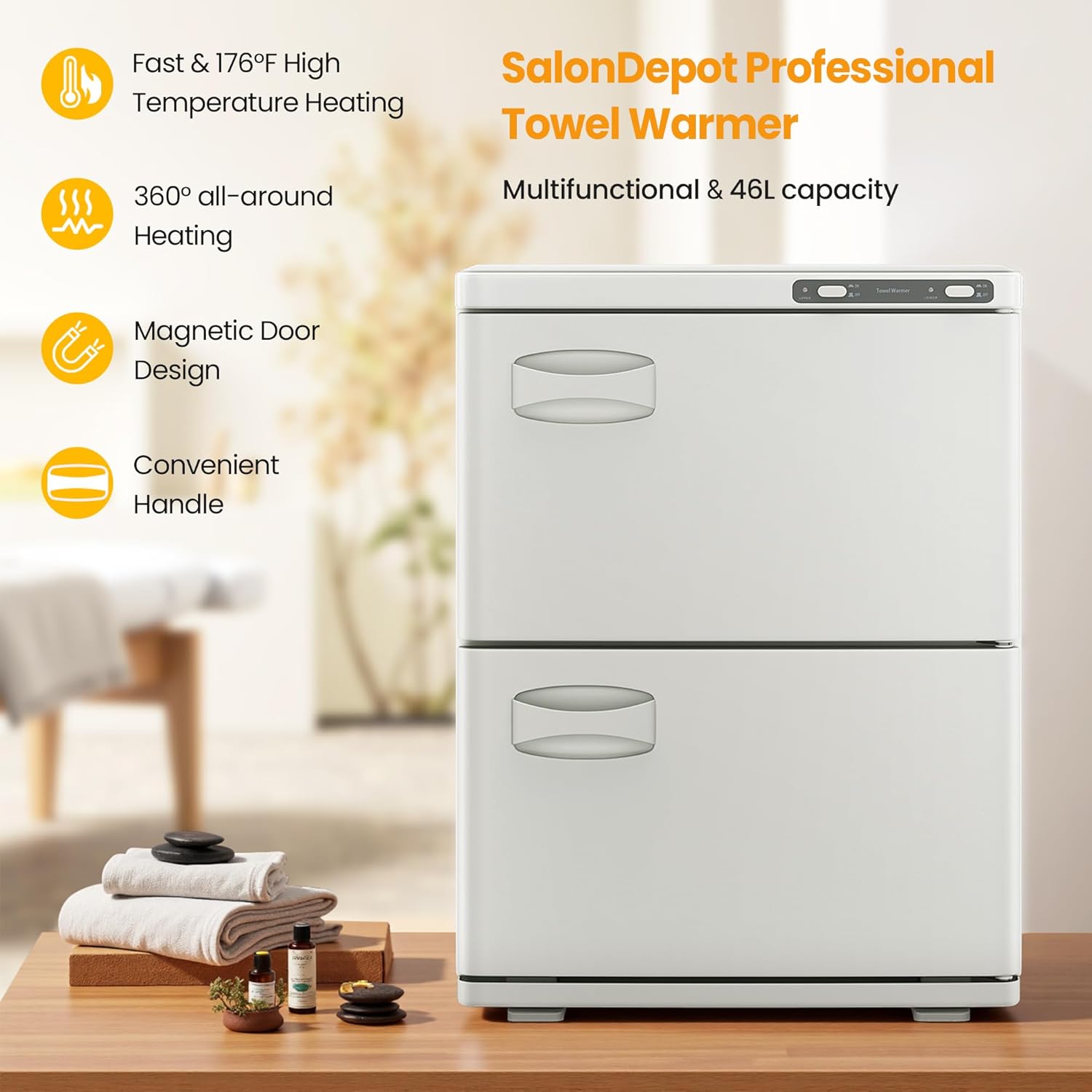 SalonDepot 46L Hot Towel Warmer with Double Cabinets White