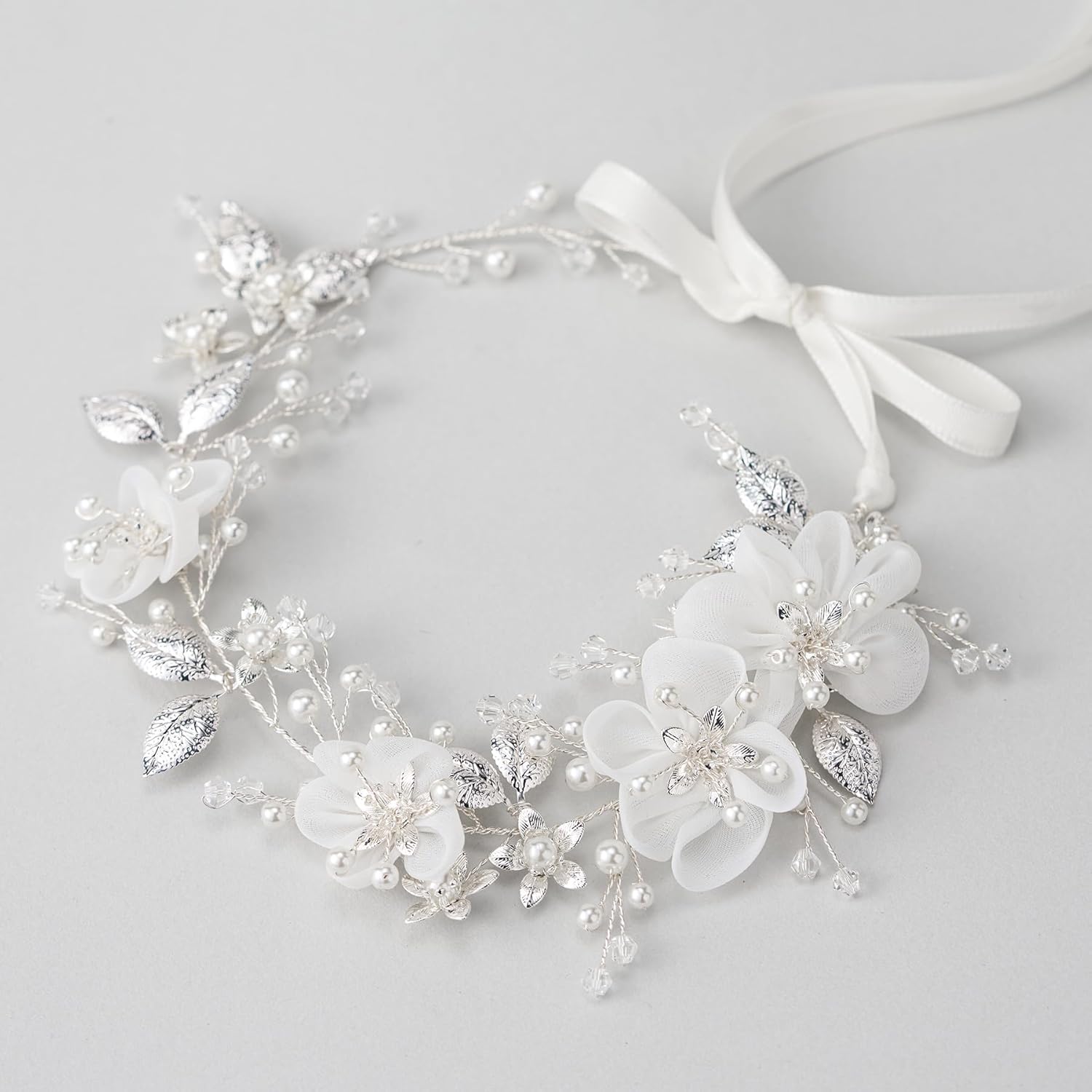 SWEETV Silver Flower Girl Headpiece with Pearls and Crystals