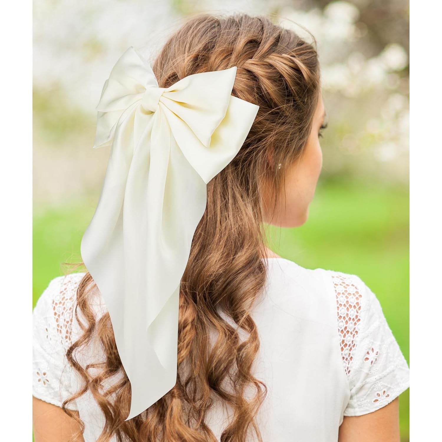 VELSCRUN 3Pcs Silky Satin Hair Bows and Barrettes in White Black Dark Blue