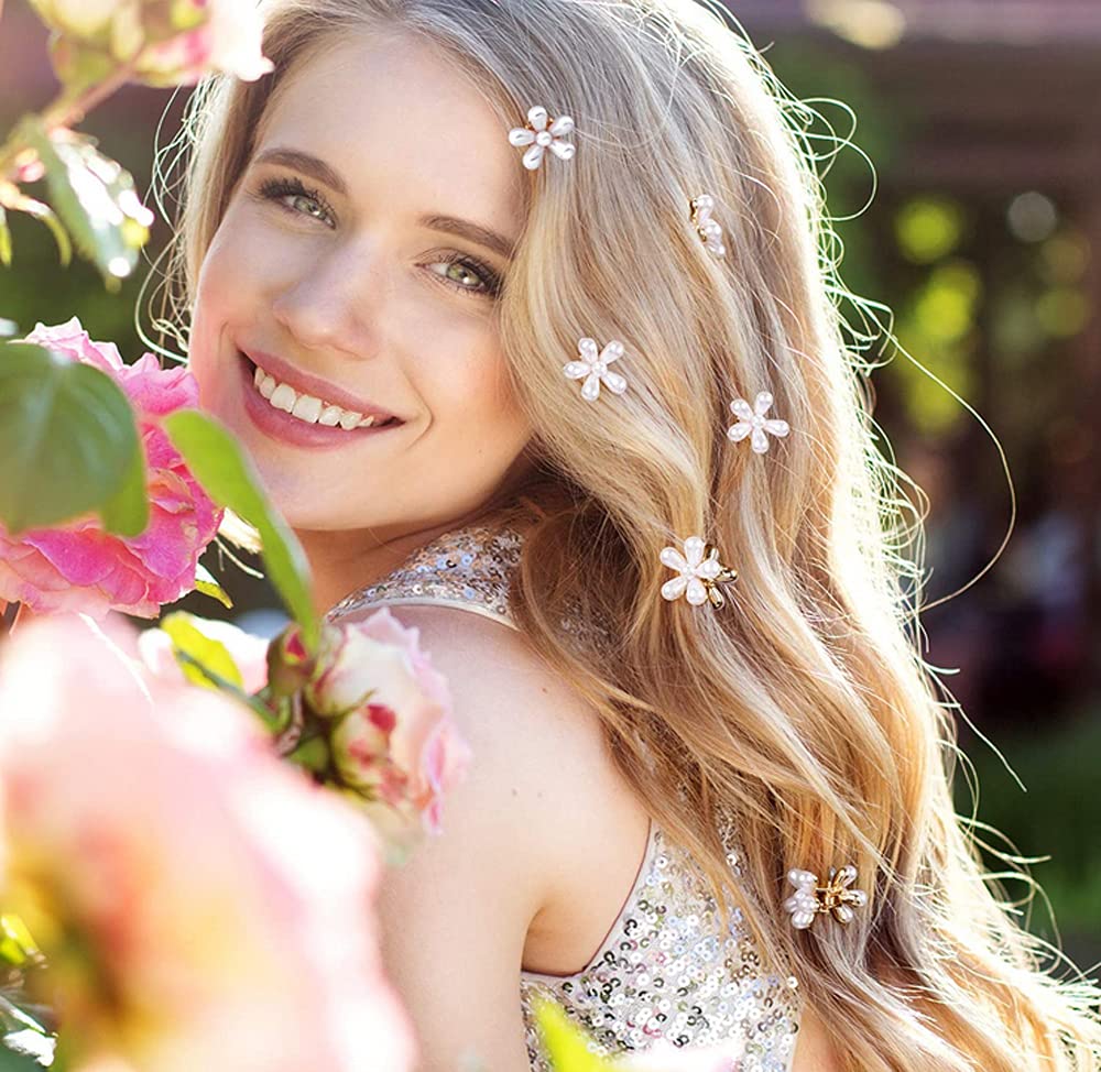 10 Pcs Mini Pearl Claw Clips with Flower Design