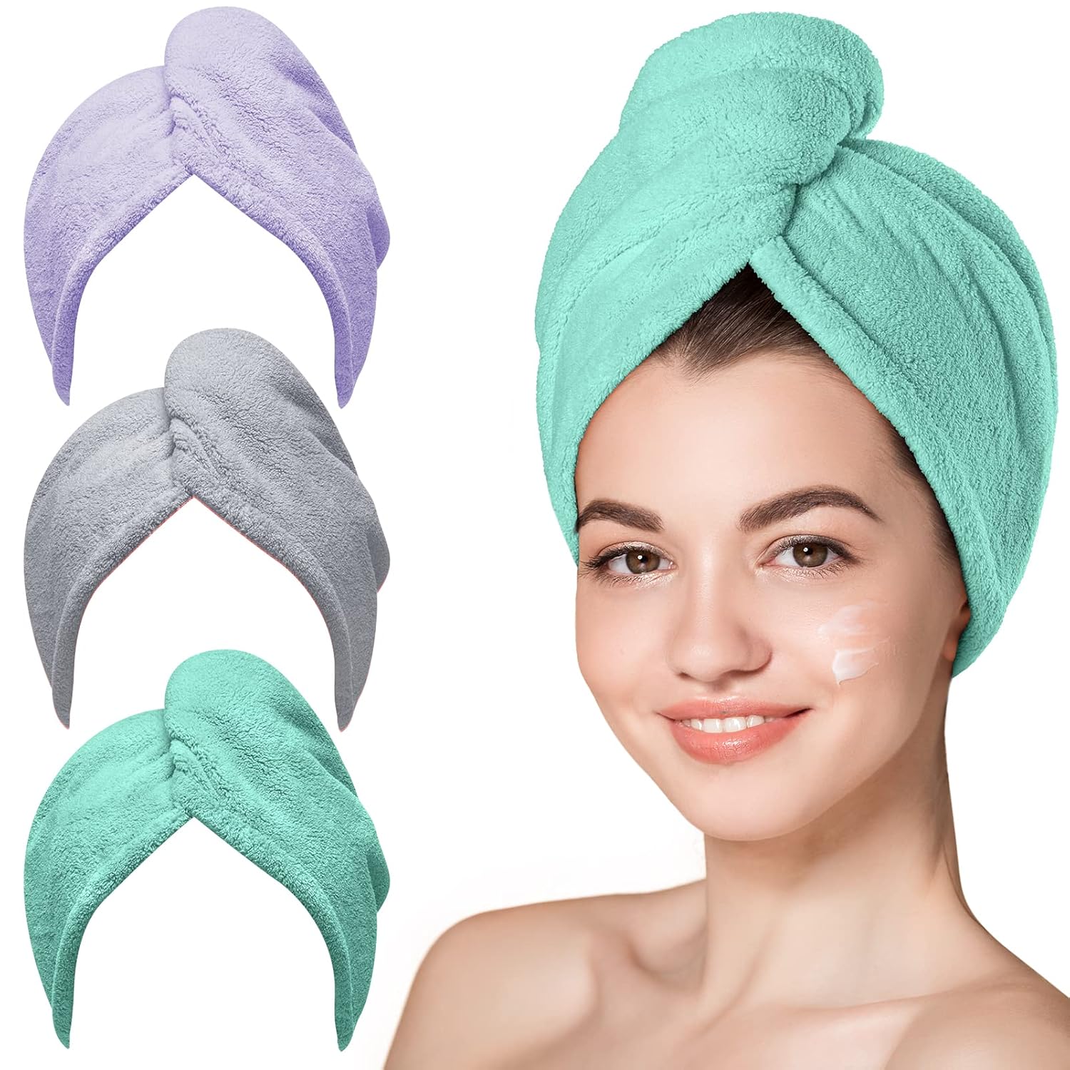Hicober Microfiber Hair Towel Wrap - Purple Green Grey Pack of 3
