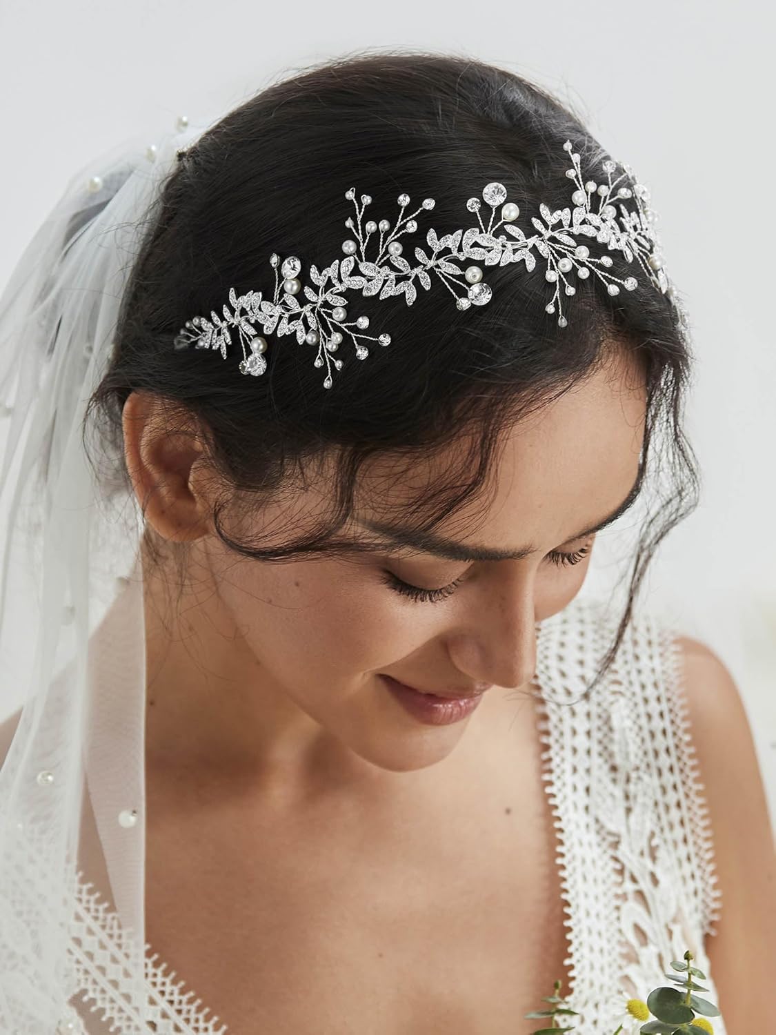 SWEETV Crystal Wedding Headband with Pearls and Rhinestones
