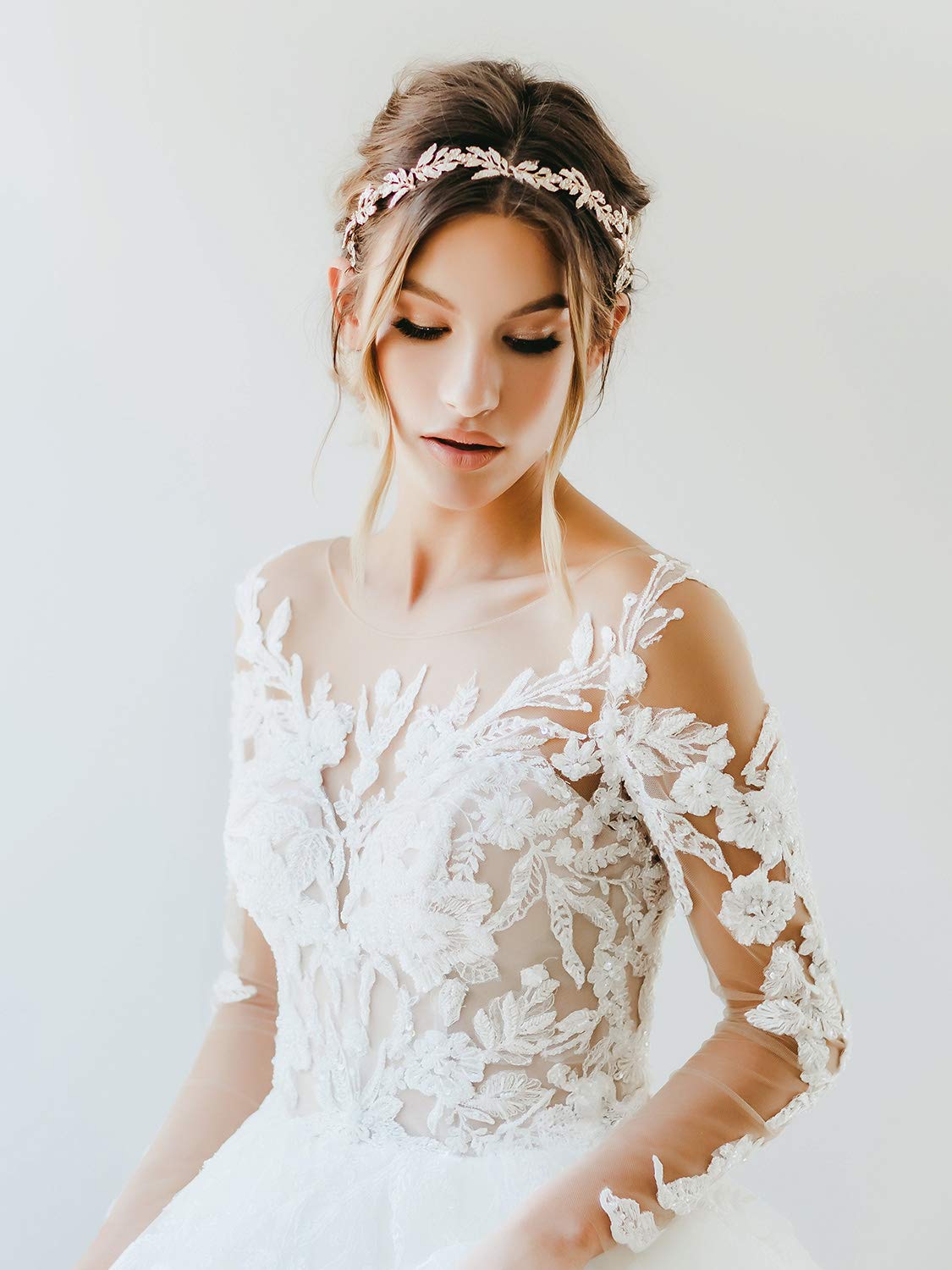SWEETV Leaf Bridal Headband with Rhinestones