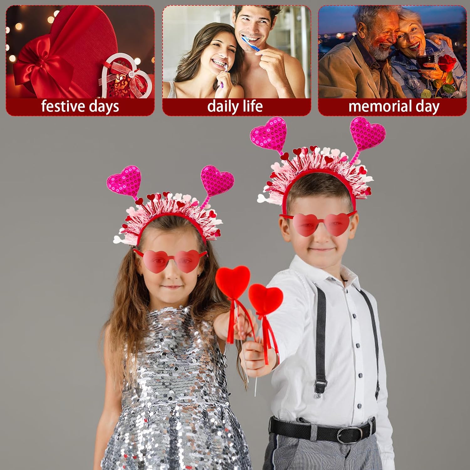 12 Pcs Heart Headband and Glasses Set for Valentine Party