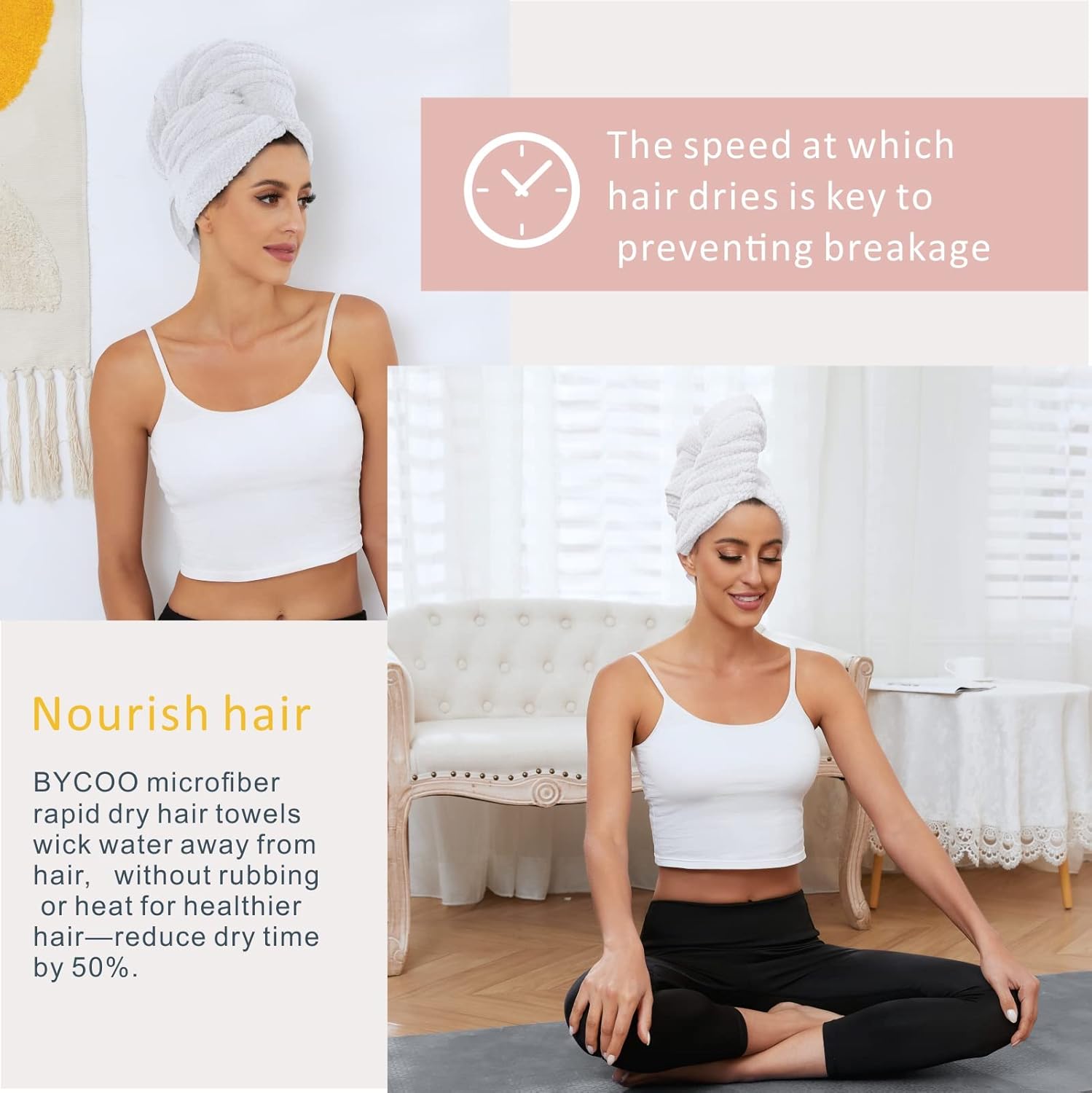 BYCOO Large Microfiber Hair Towel Wrap - White X-Large