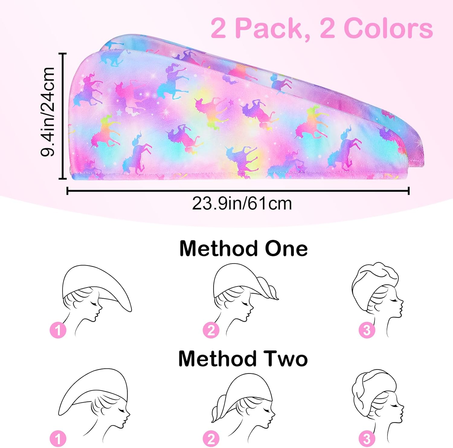 Basumee Microfiber Hair Towel Wrap Unicorn 2 Pack