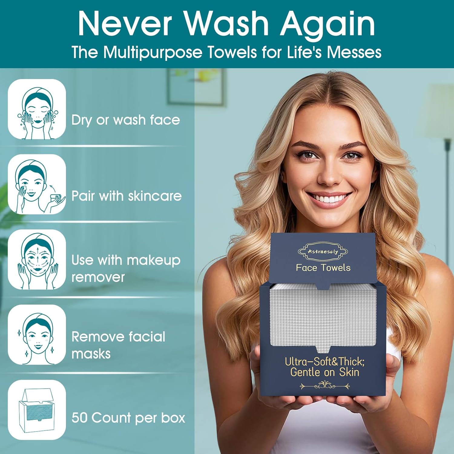 Astraescly XL Face Towel 10x12 Inches 50 Ct Dual-Side Biodegradable