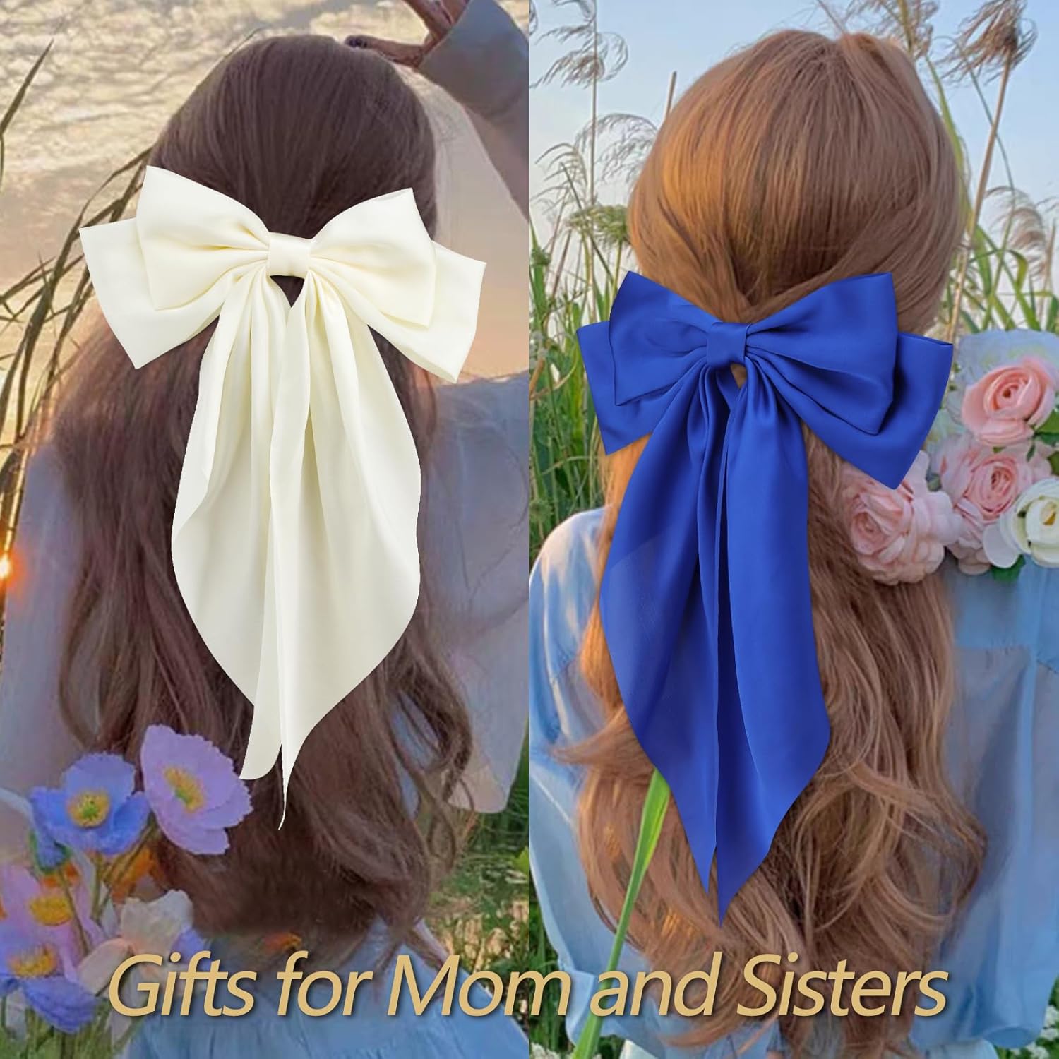 VELSCRUN 3Pcs Silky Satin Hair Bows and Barrettes in White Black Dark Blue