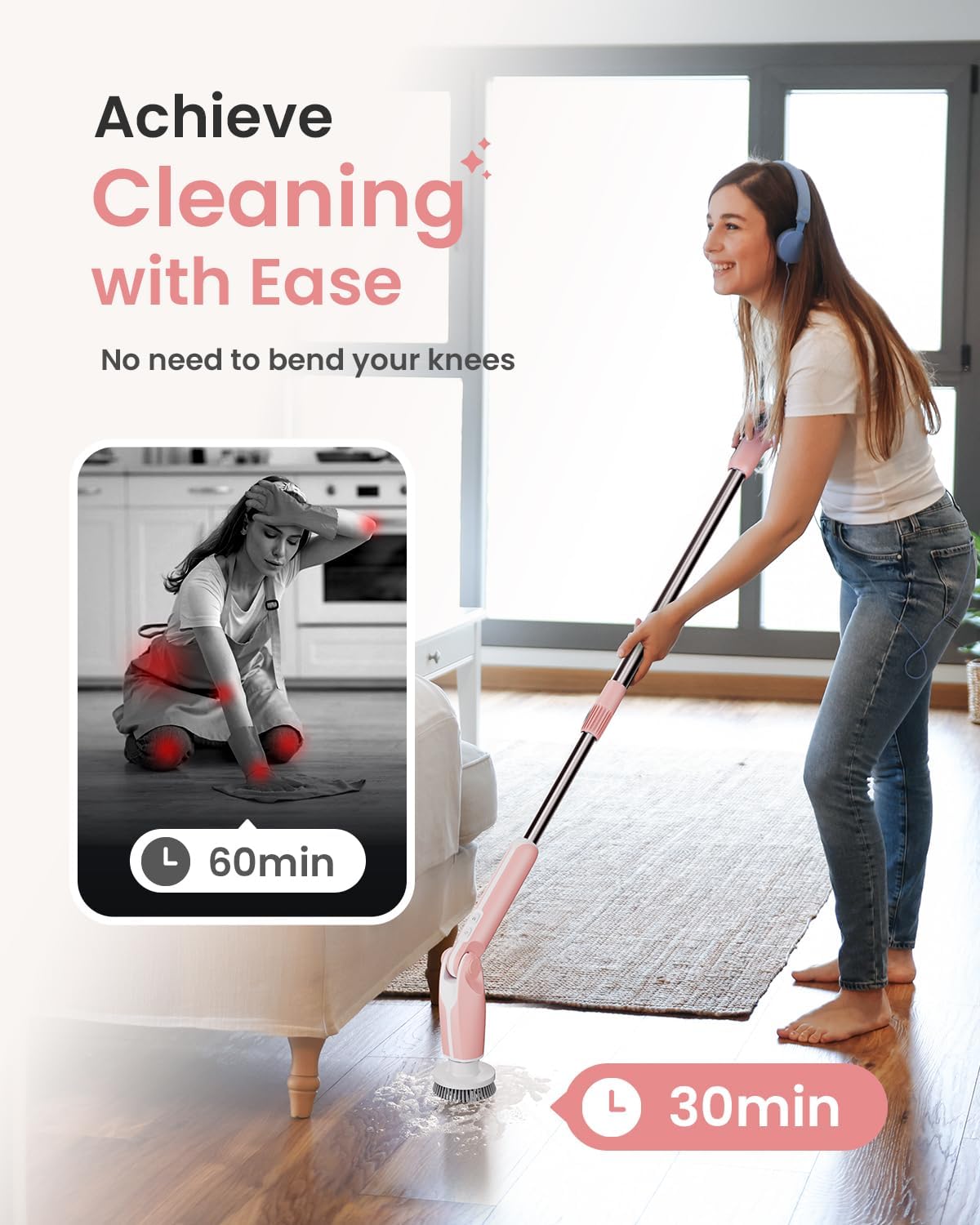 Leebein Electric Spin Scrubber with 4 Angles Remote Control - 8 Brush Heads Pink