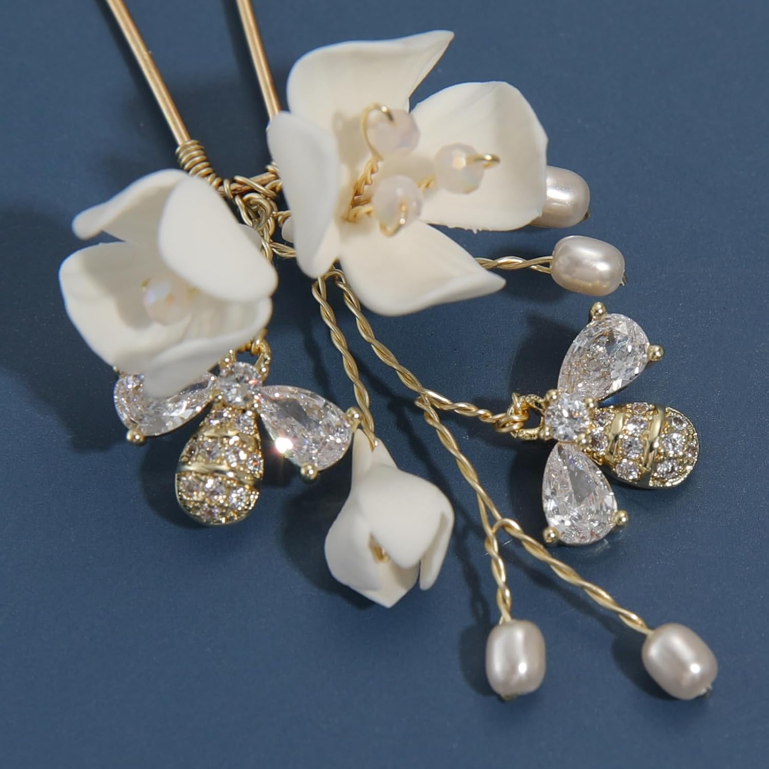 Handmade Wedding Hair Pins 5Pcs White Flower Zircon Pearl Clips