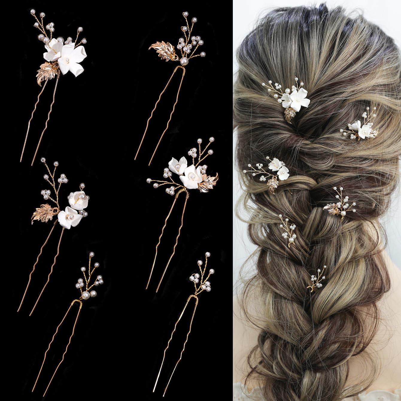 Handmade Pearl Hair Clips 6Pcs Gold Leaf Wedding Accessories