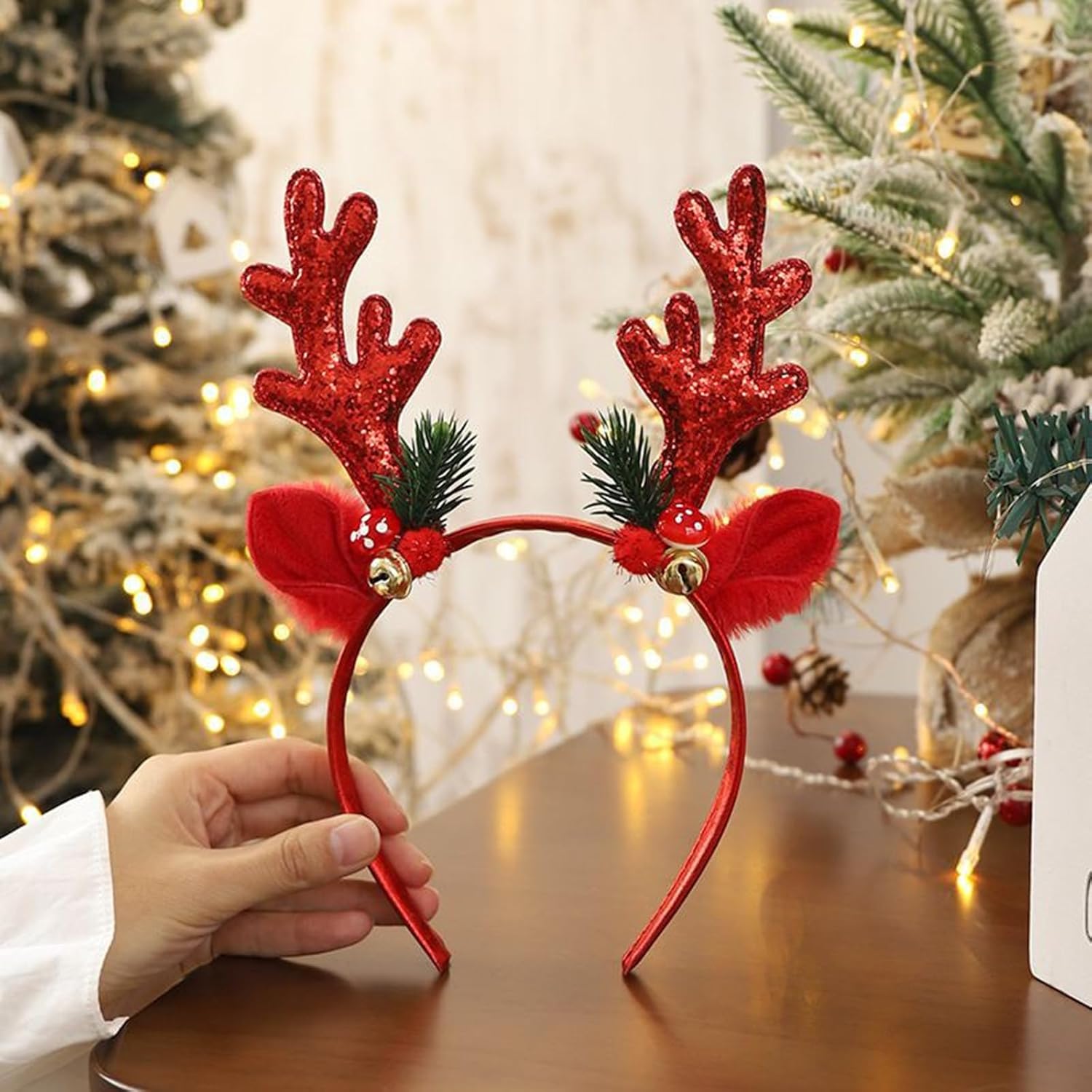 Christmas Red Headband with Elk Antlers and Bells