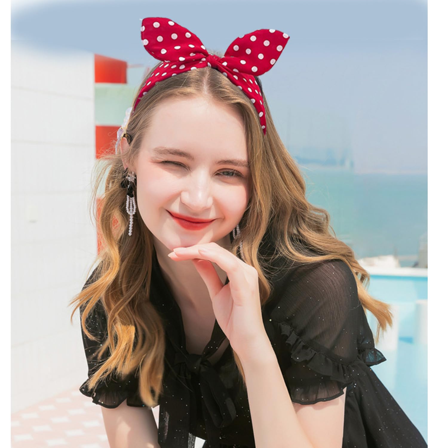 Deghew Red Polka Dot Bow Headband for Women and Girls