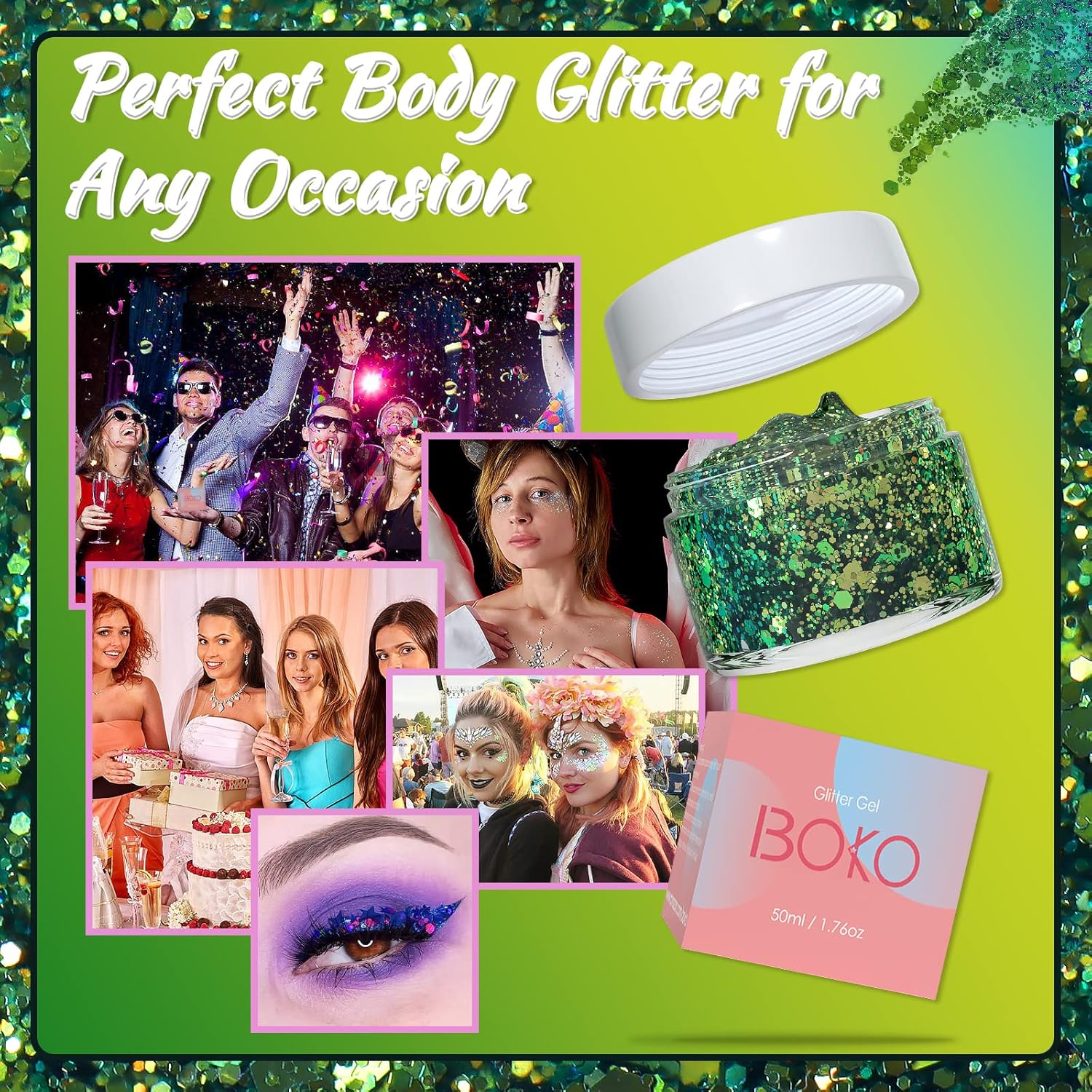 Boko Body Glitter Gel Green 176oz Chameleon Sequins
