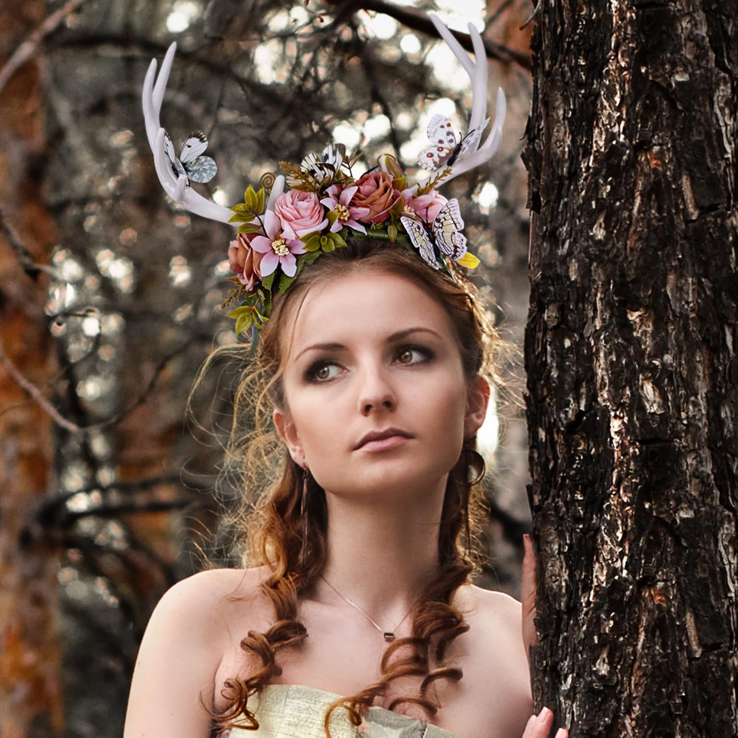 MOSTORY White Antler Headband with Flower Crown for Women Girls