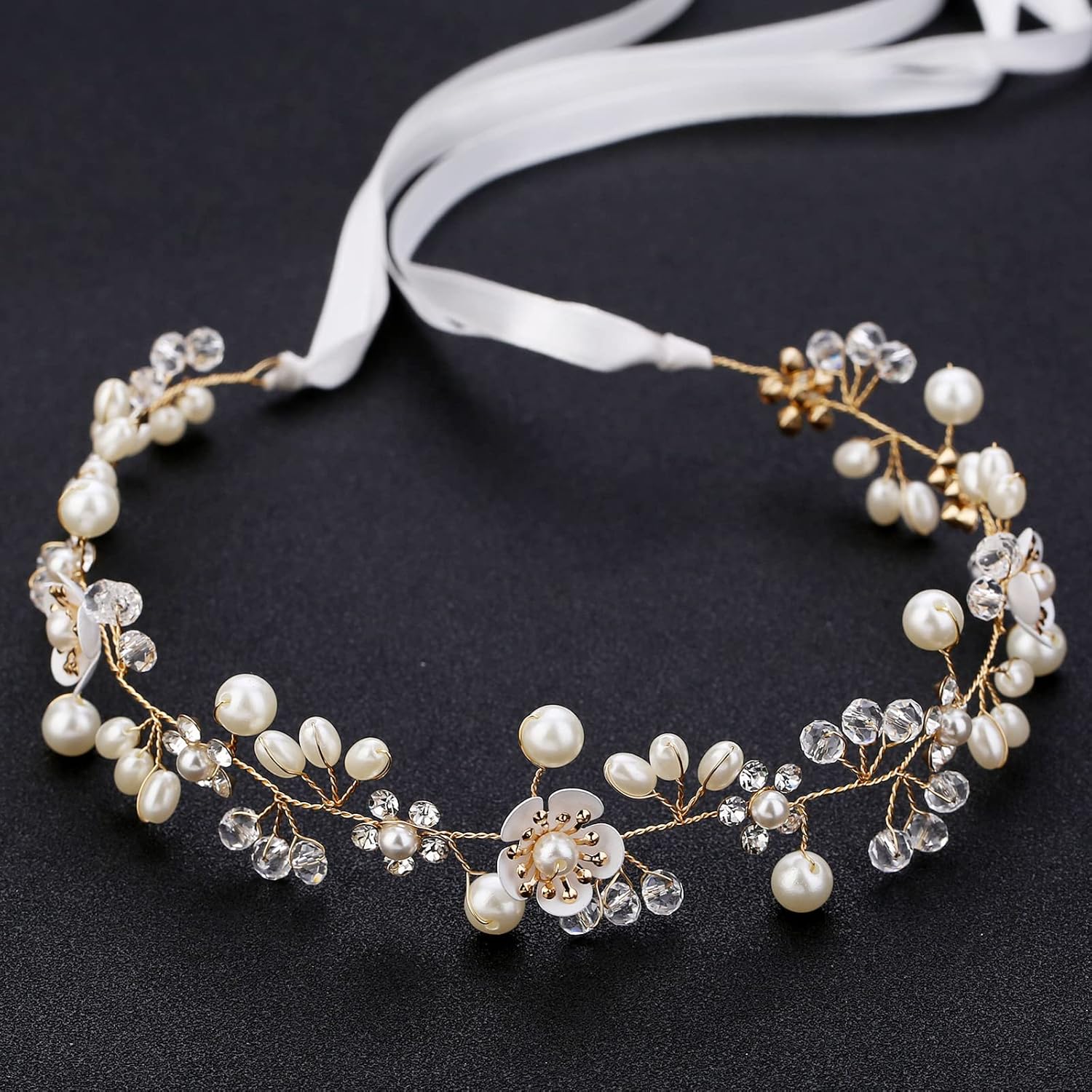 KAYZON Bridal Pearl Flower Headband Gold