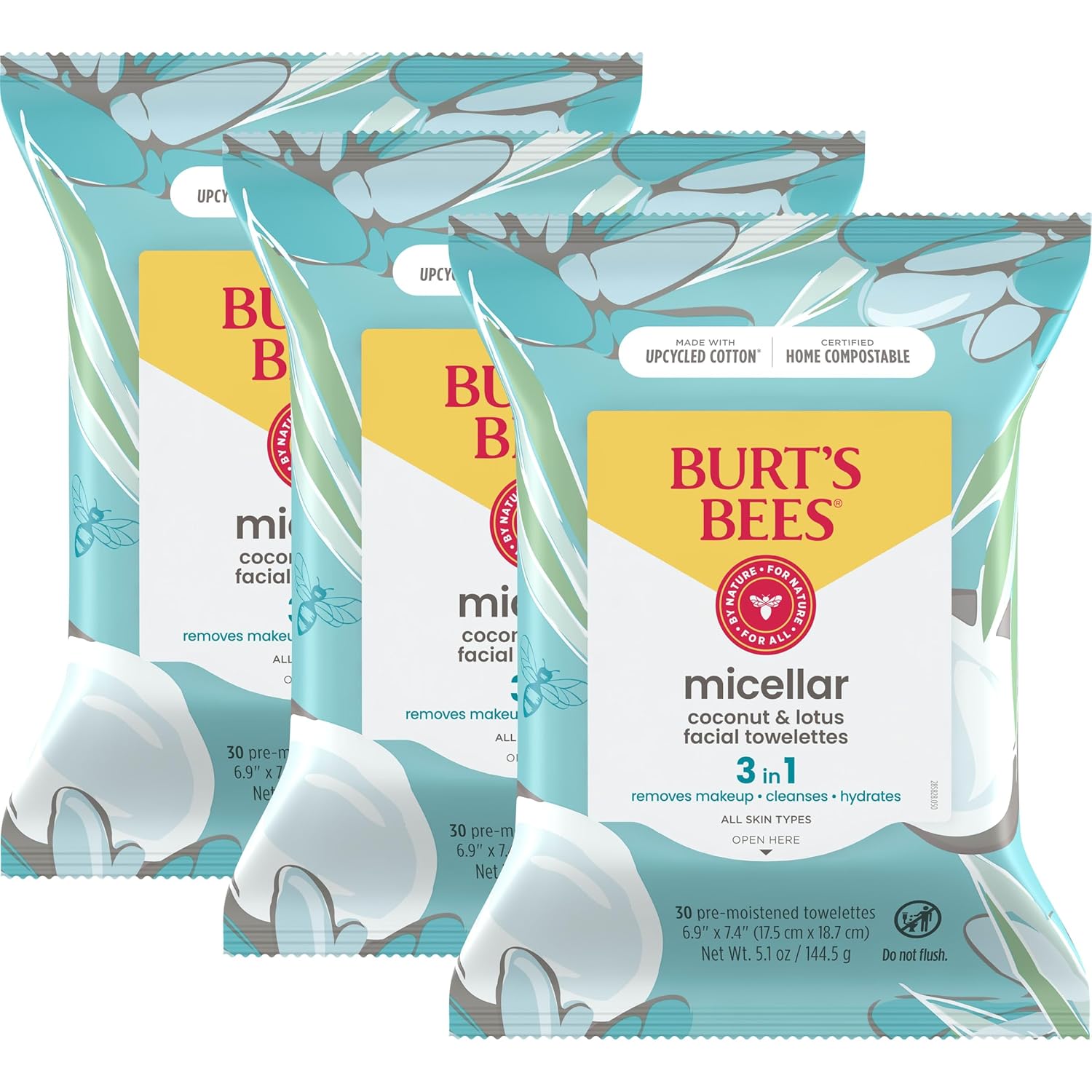Burts Bees Coconut Lotus Face Wipes 30 Ct 3-Pack