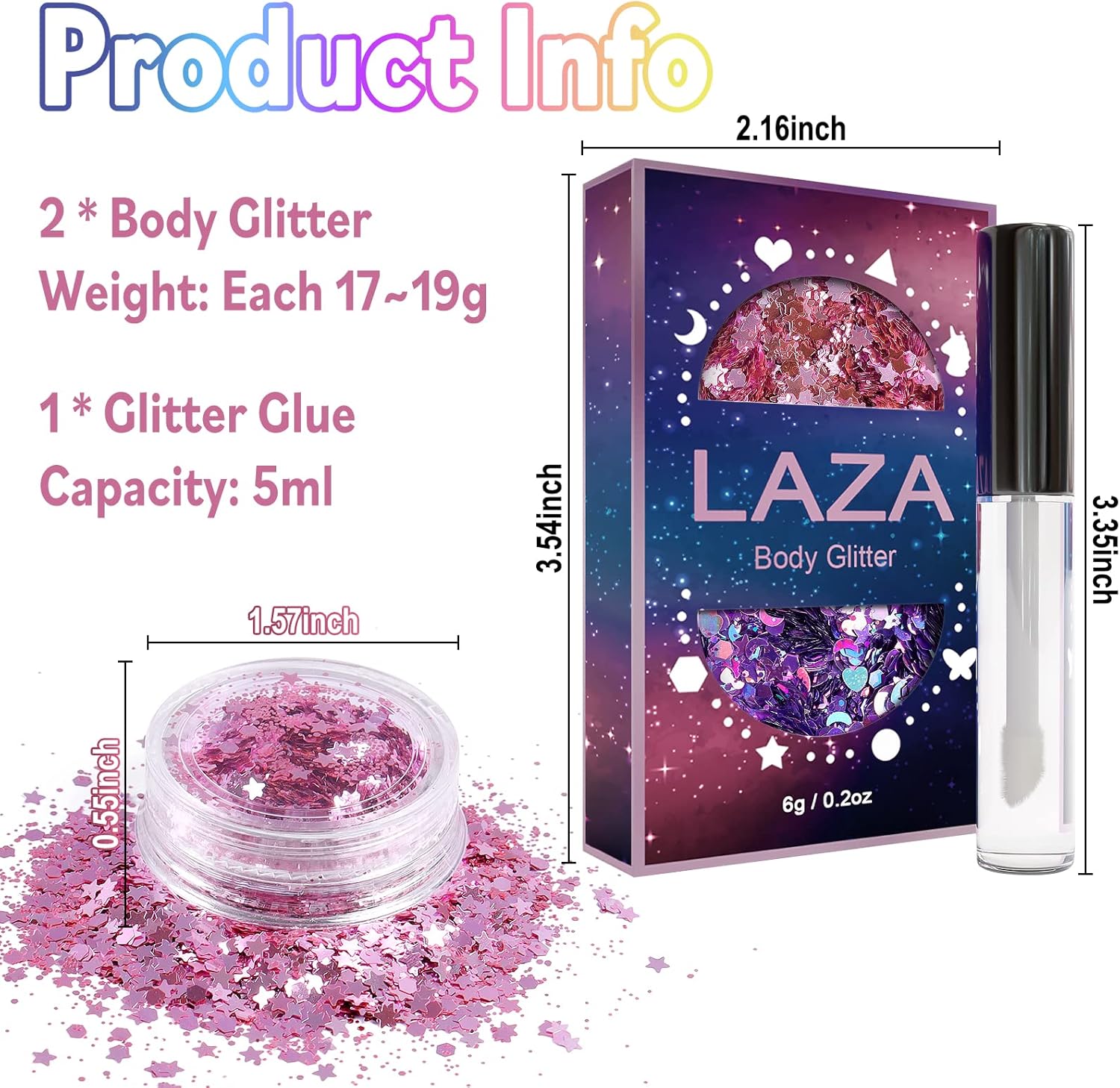 Laza Body Glitter - 2 Jars Pink Iridescent Sequins with Glitter Glue